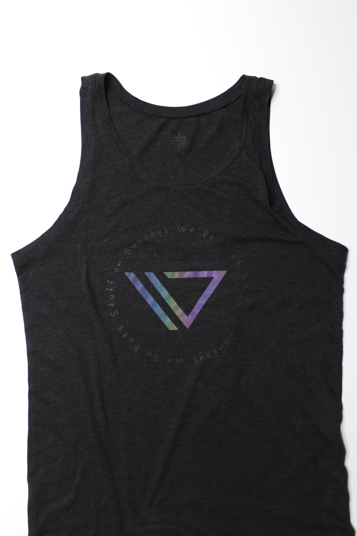 Alo Yoga black wash ‘on sundays we do butt stuff’ tank, size small