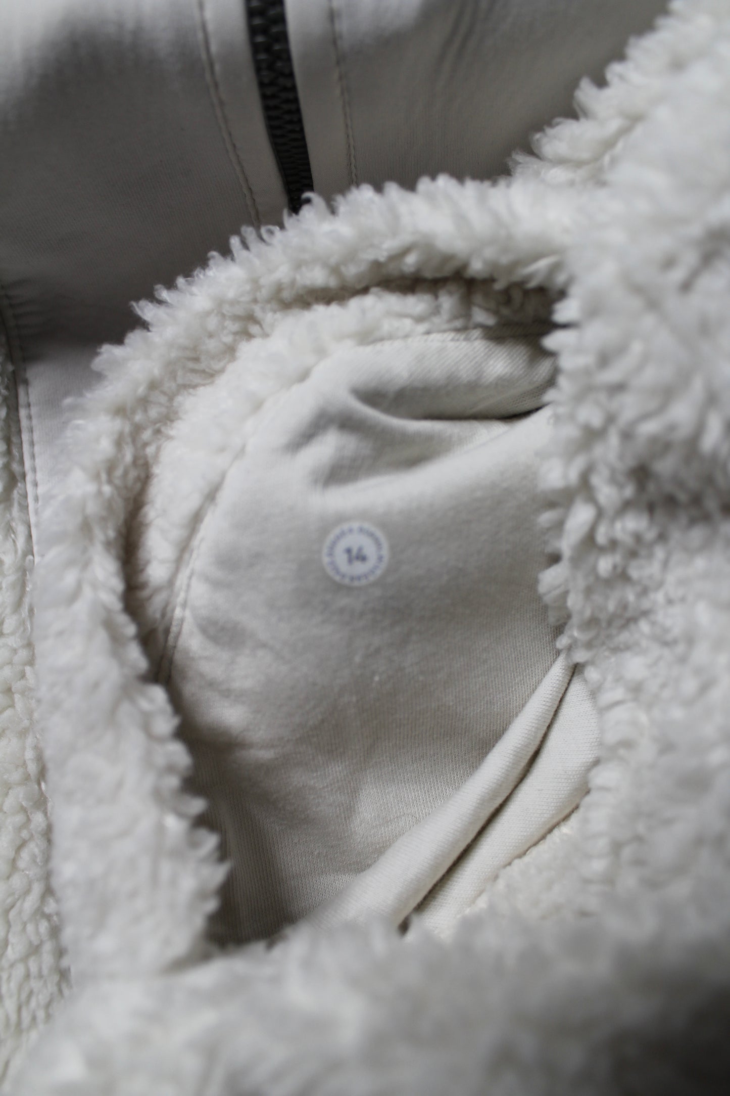 Lululemon white opal ‘textured collarless sherpa fleece full zip’ jacket, size 14 (sale: was $98)