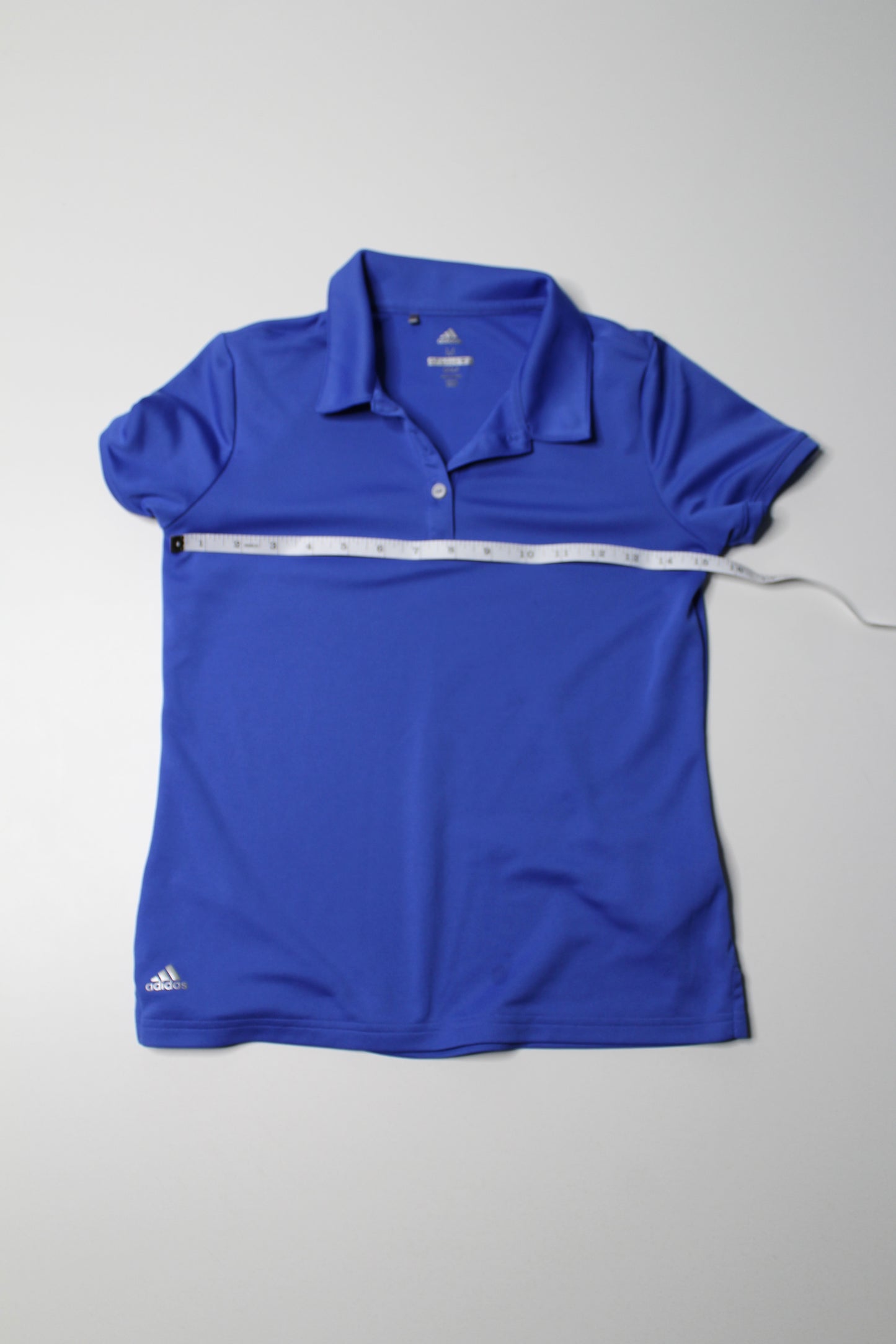 Adidas blue youth golf short sleeve, size medium (fits like ladies xs)