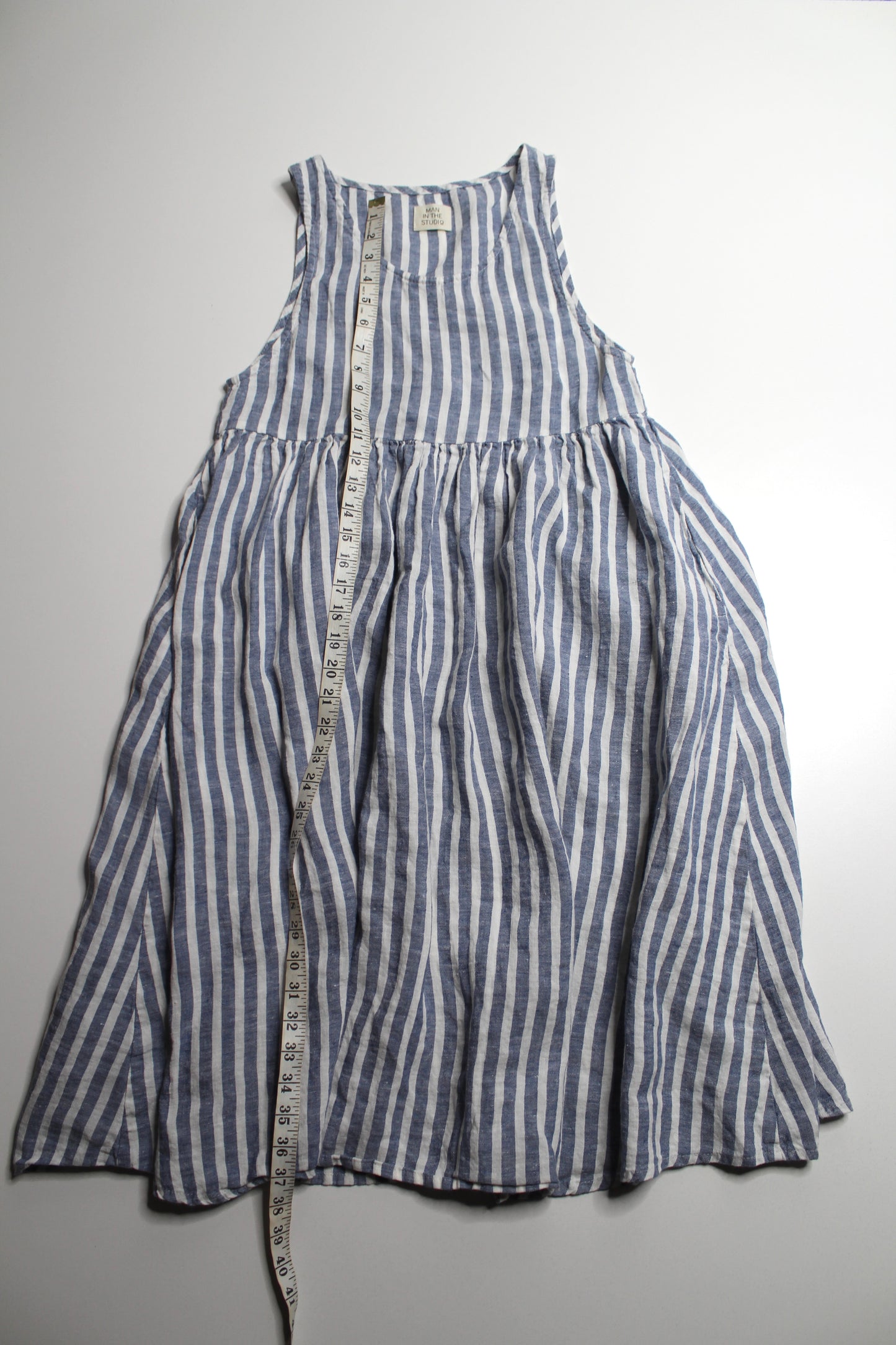 Man In The Studio blue/white sleeveless striped linen smock dress, no size. Fits xs/ small