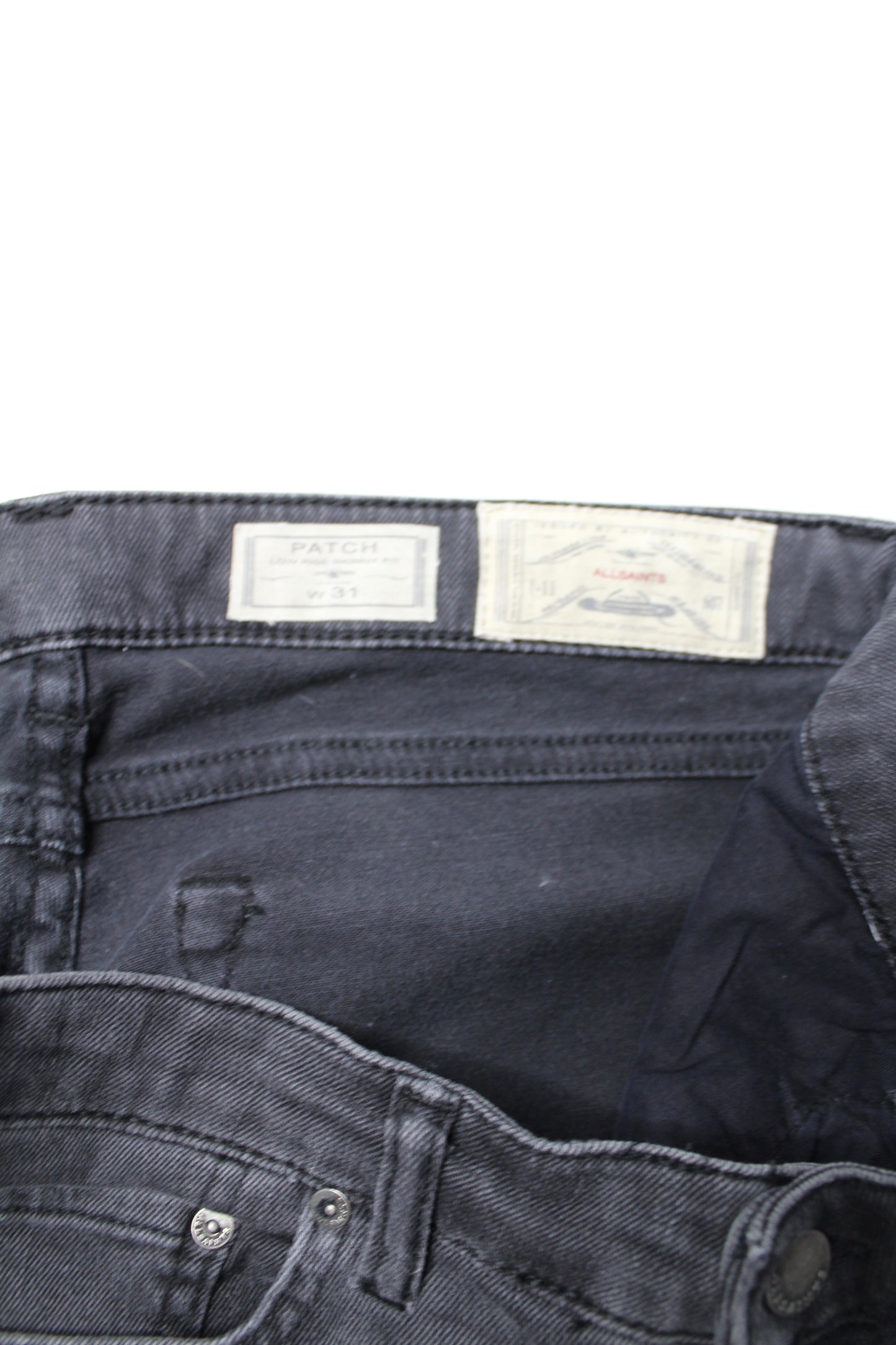 All Saints black wash ‘low rise ‘skinny fit patch’ jeans, size 31 (sale: was $40)