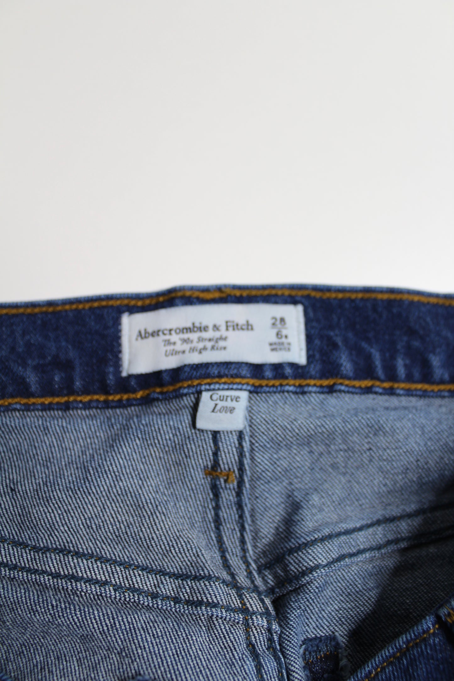 Abercrombie + Fitch dark wash curve love 90s straight ultra high rise, size 28 / 6R (sale: was $42)