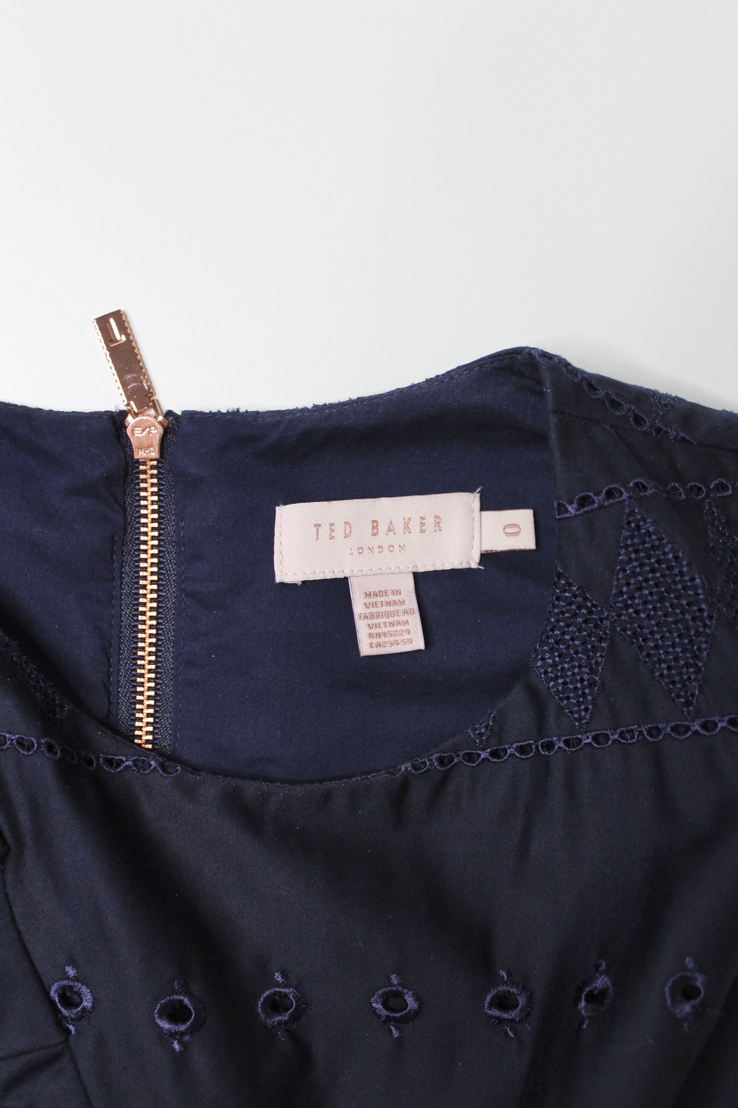 Ted Baker navy sleeveless eyelet blouse, size 0