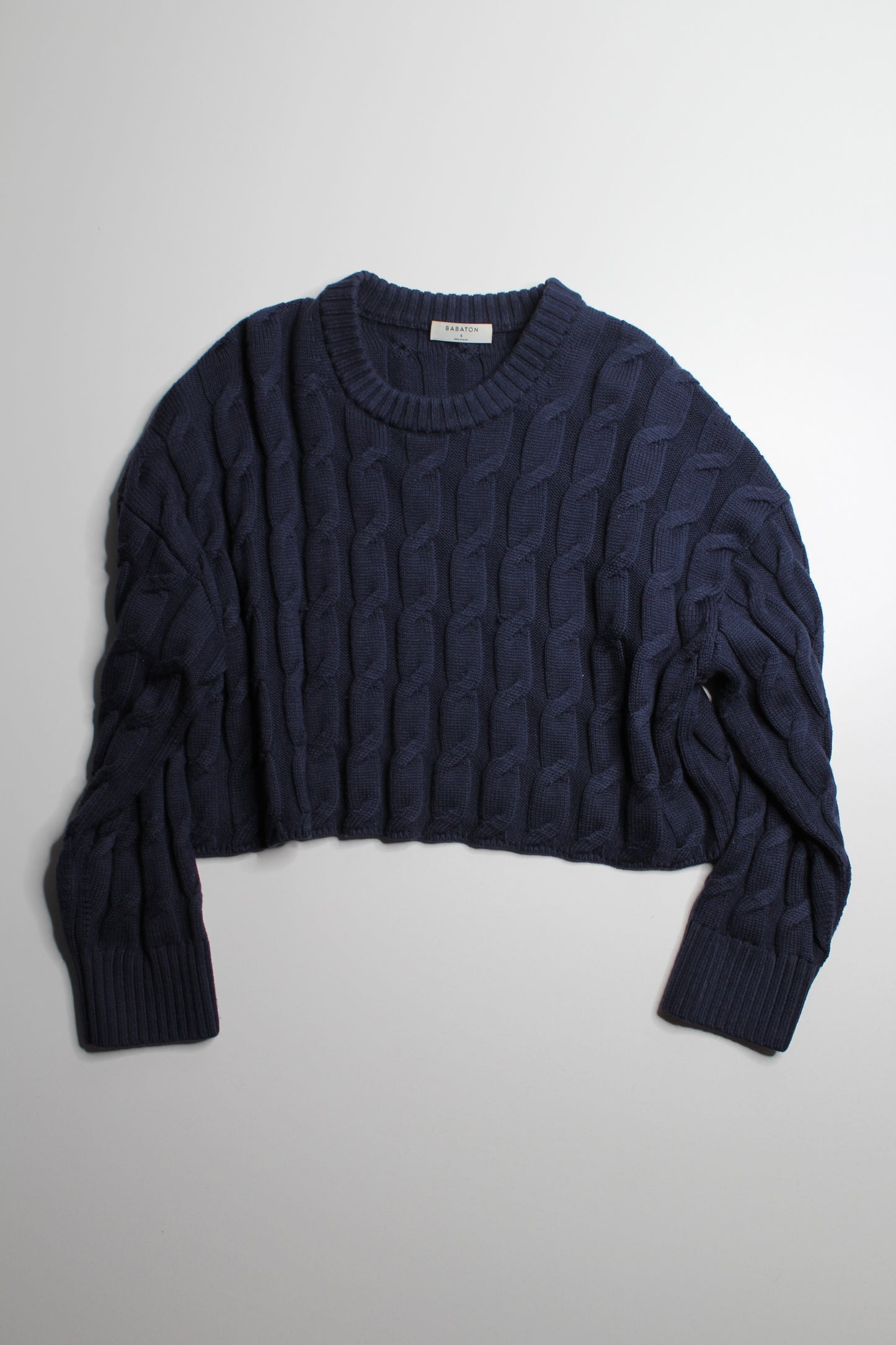 Aritzia navy cable knit ‘glory’ merino wool cropped sweater, size small (oversized fit)