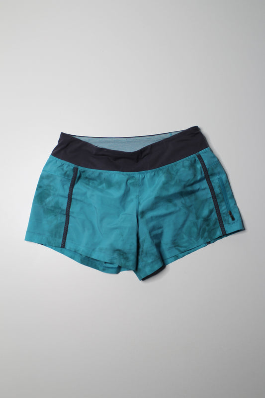 Lululemon turquoise surge spray tie dye run shorts, size 6