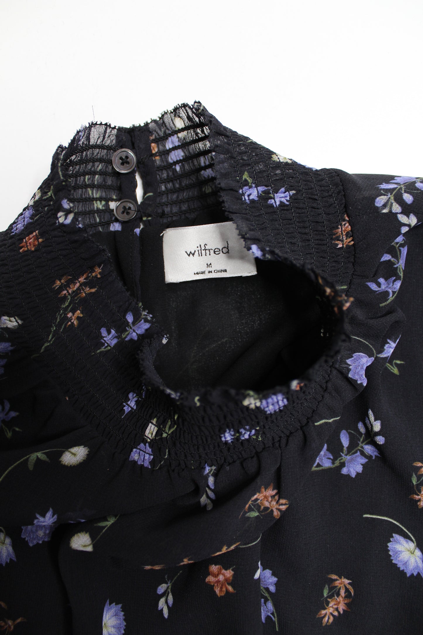 Aritzia Wilfred black floral 'valencia' pullover semi sheer blouse, size medium (flowy fit)