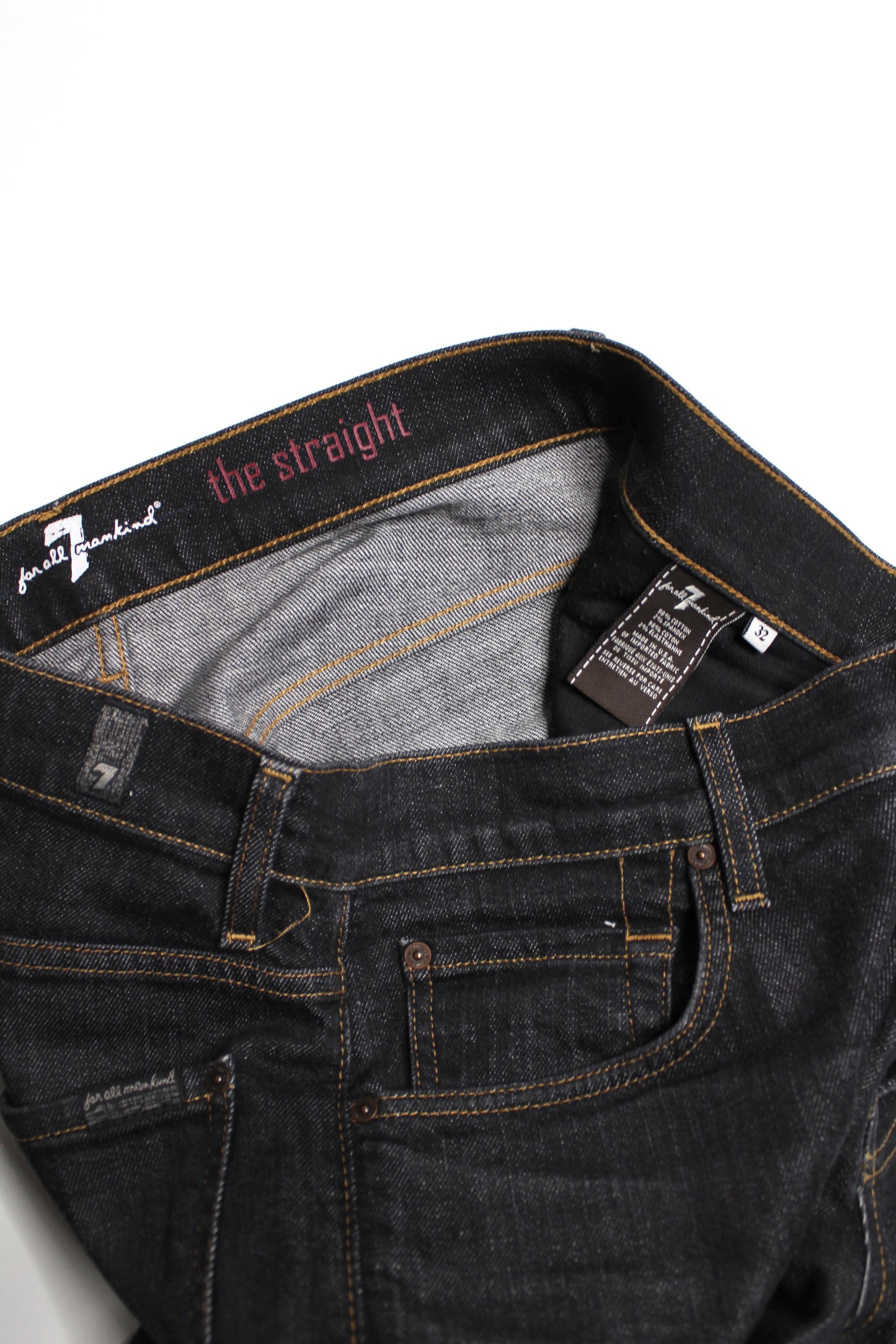 7 For All Mankind black straight leg jeans, size 32