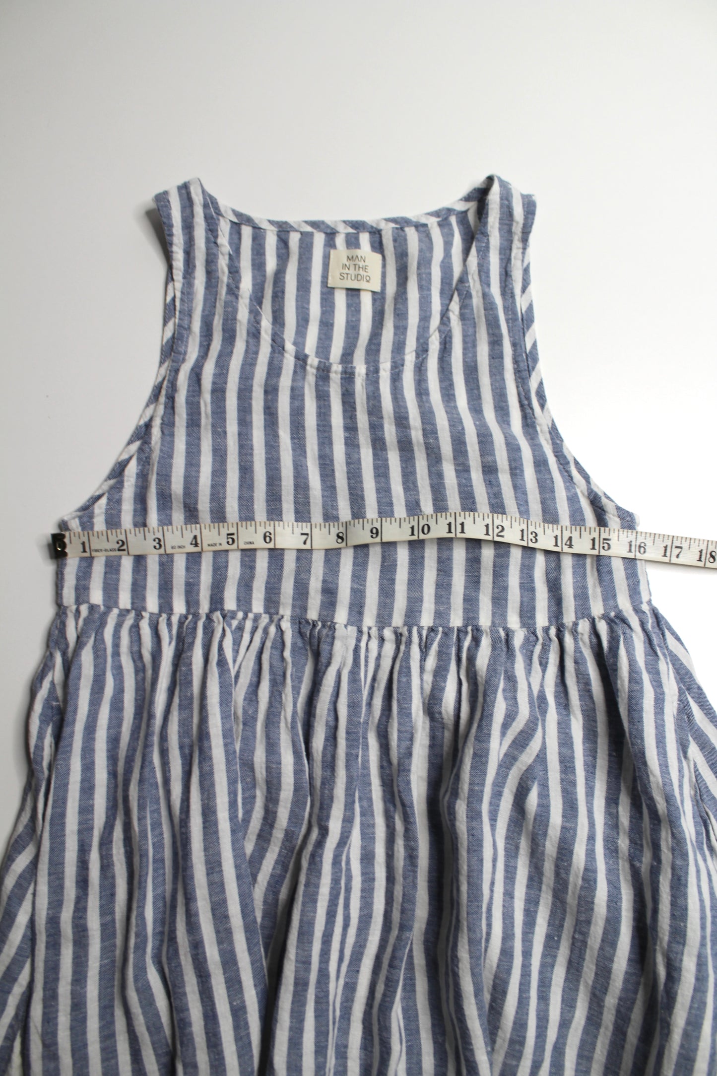 Man In The Studio blue/white sleeveless striped linen smock dress, no size. Fits xs/ small