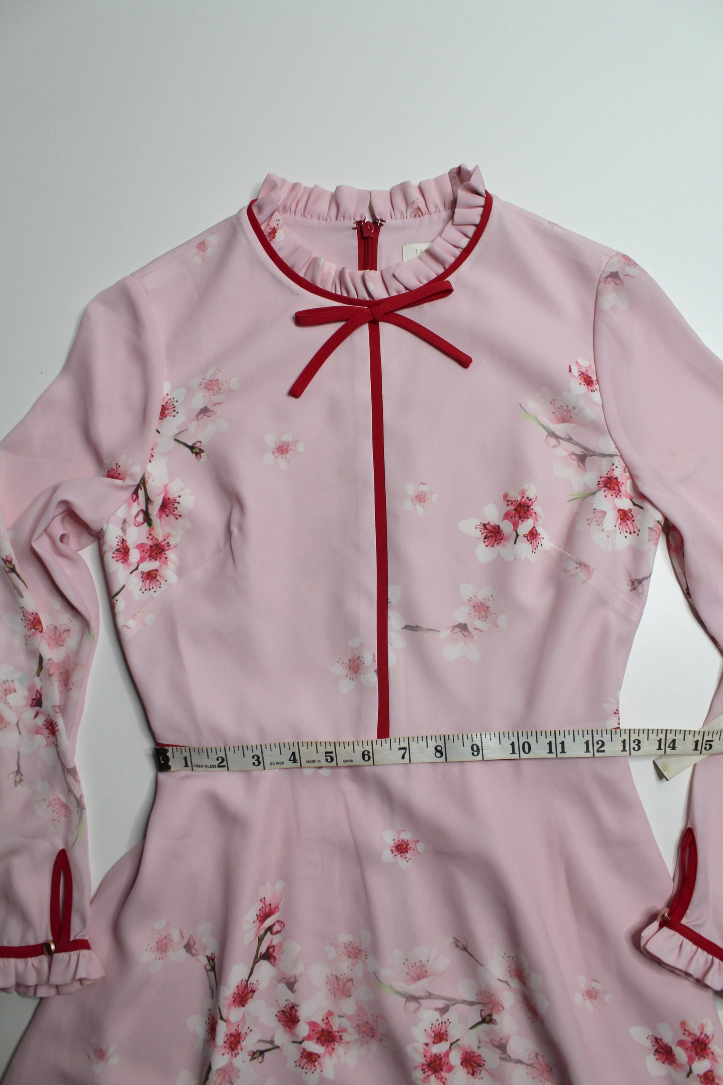 Ted Baker pink floral fit and flare long sleeve dress, size 1 (size xsmall)