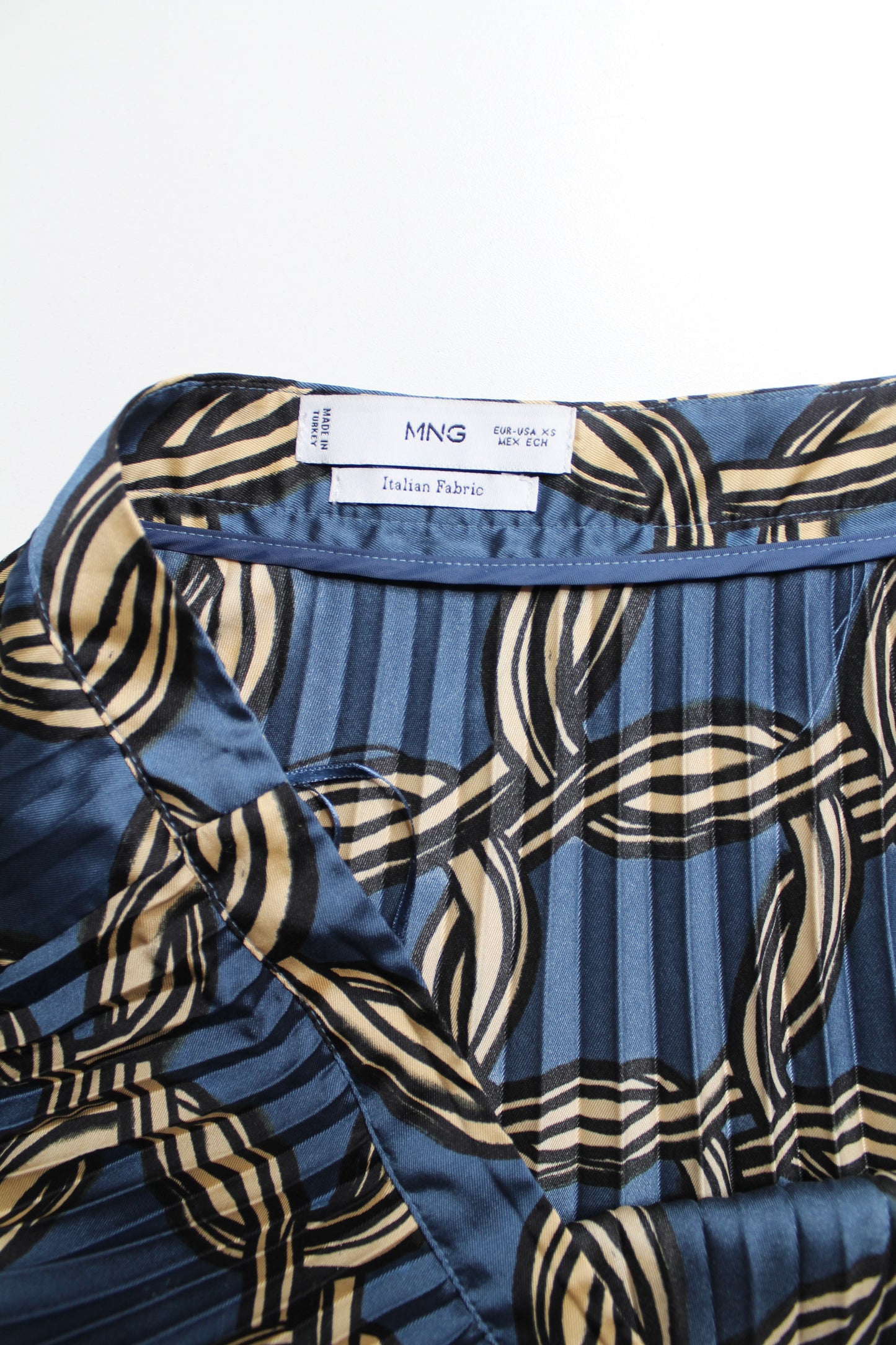 MNG blue/gold pleated midi skirt, size xsmall
