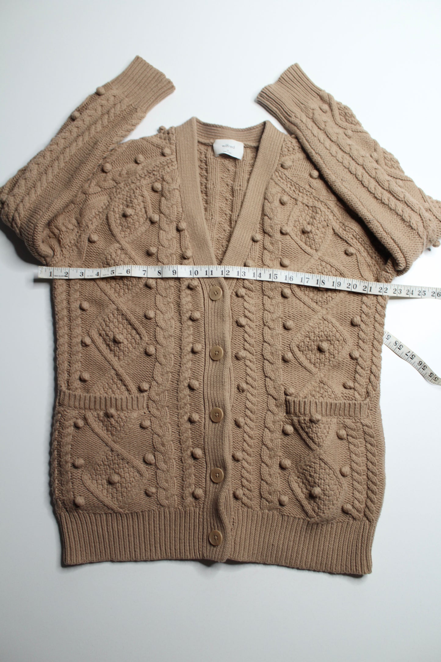 Aritzia Wilfred antique beige ‘alps’ cable knit pom cardigan, size xsmall (oversized fit)
