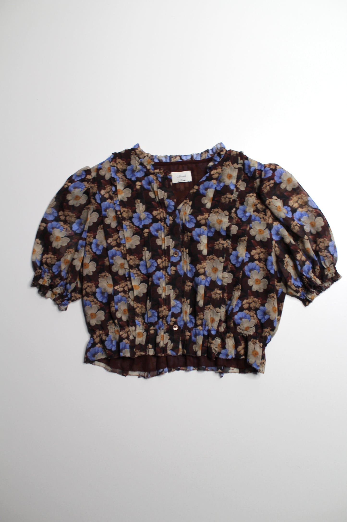 Aritzia Wilfred brown/blue print ‘mansfield’ blouse, size small