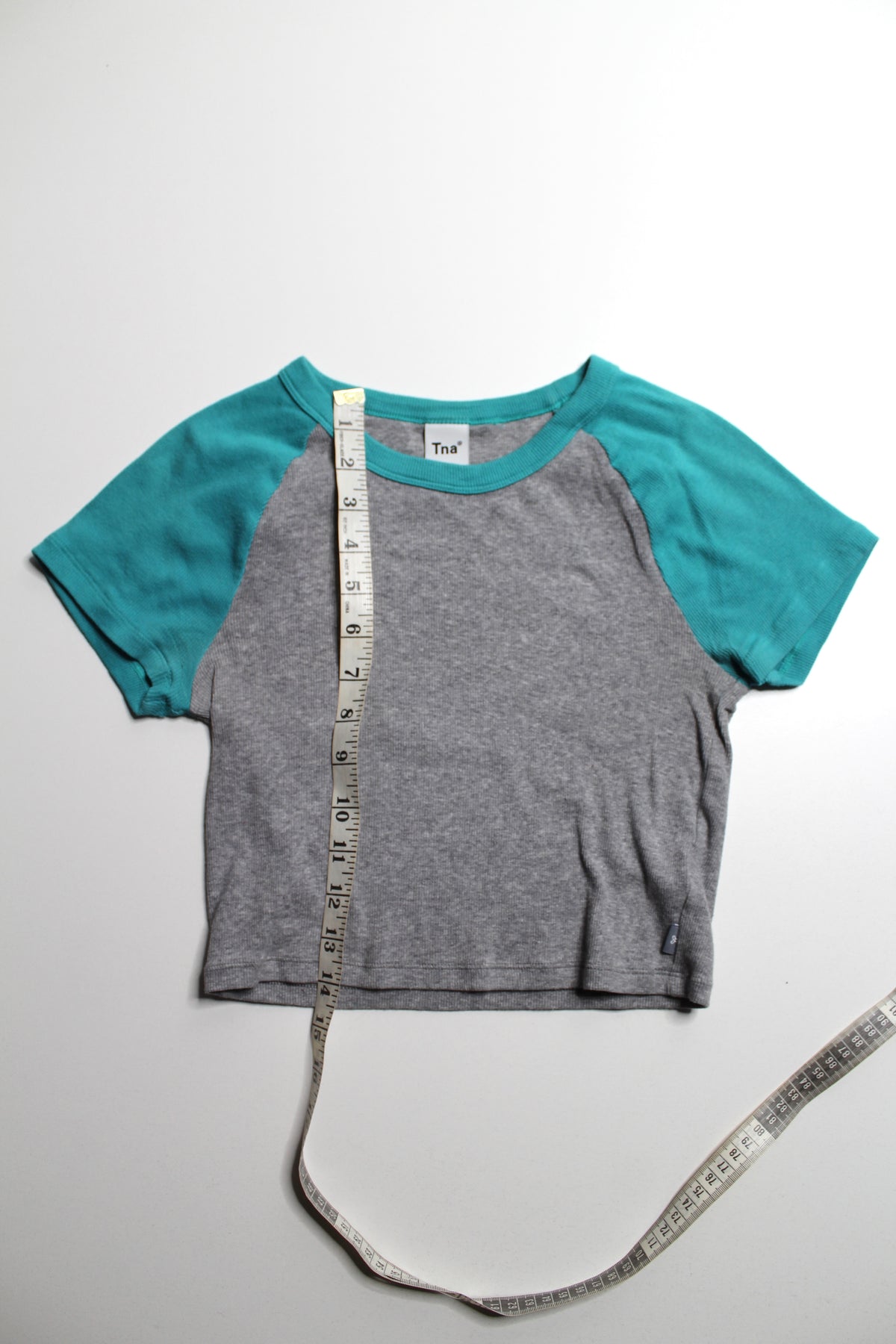 Aritzia TNA grey/teal cropped ‘homestretch’ crew t-shirt, size medium