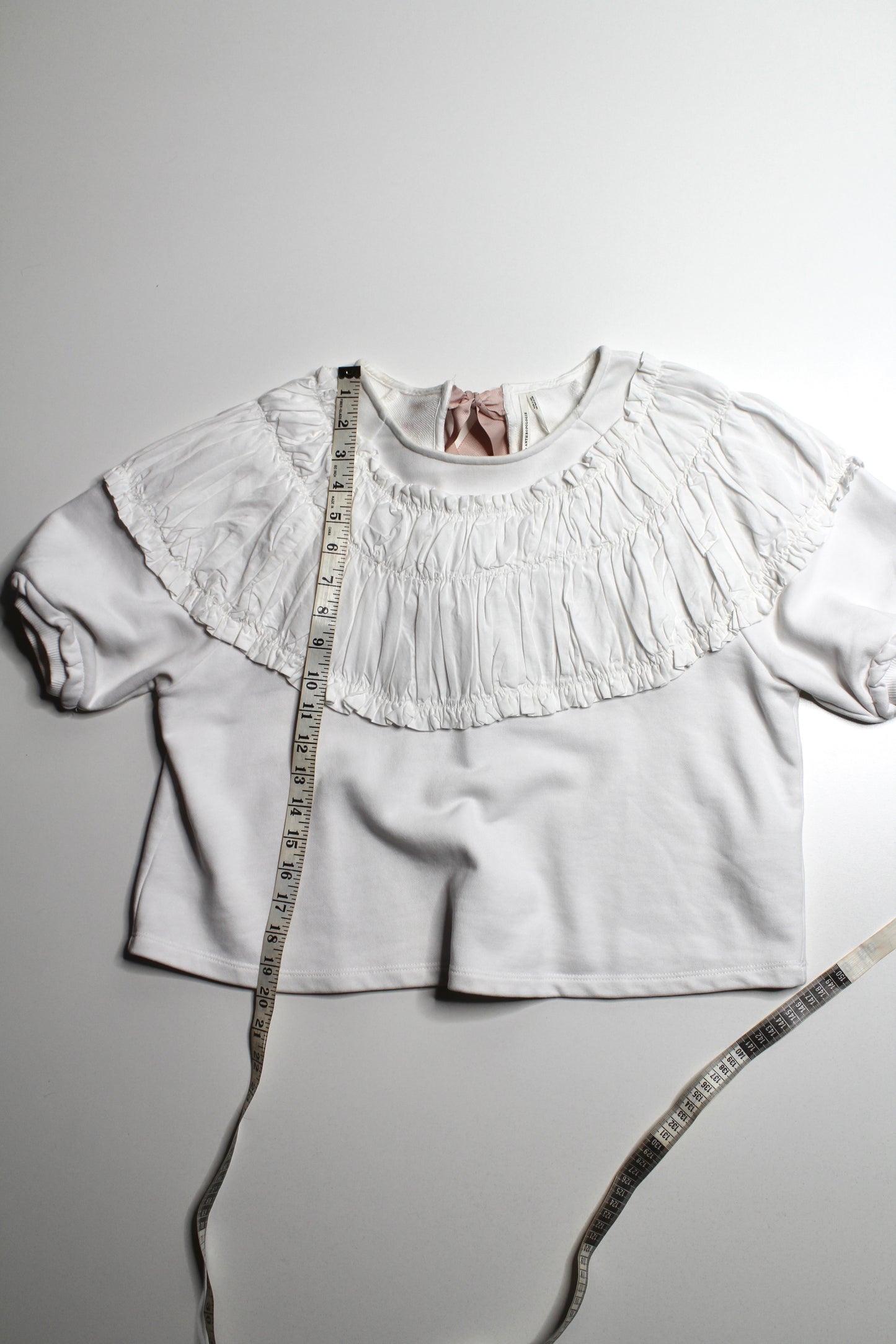 Anthropologie white tie back rusched short sleeve blouse, size xsmall (loose fit)