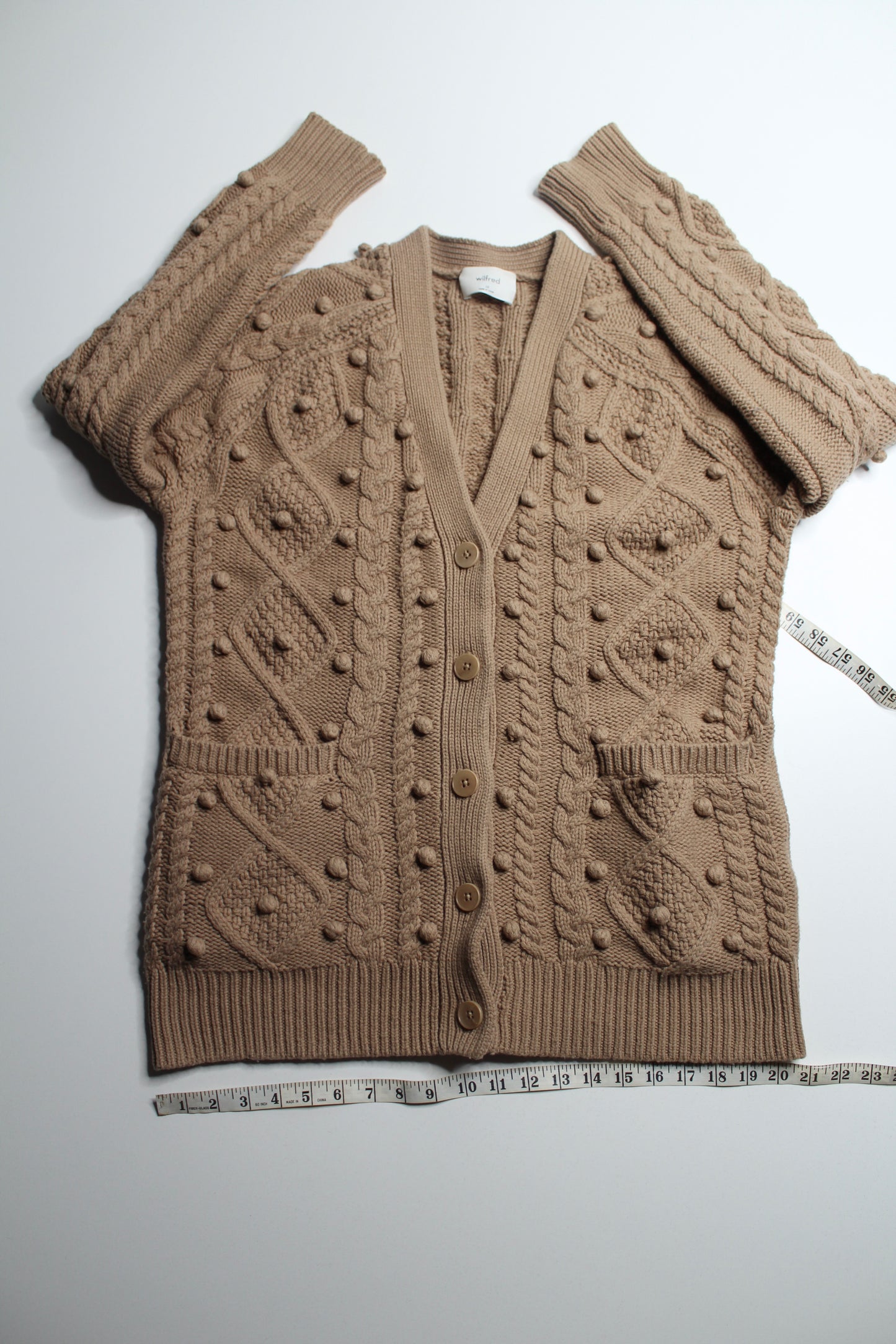 Aritzia Wilfred antique beige ‘alps’ cable knit pom cardigan, size xsmall (oversized fit)
