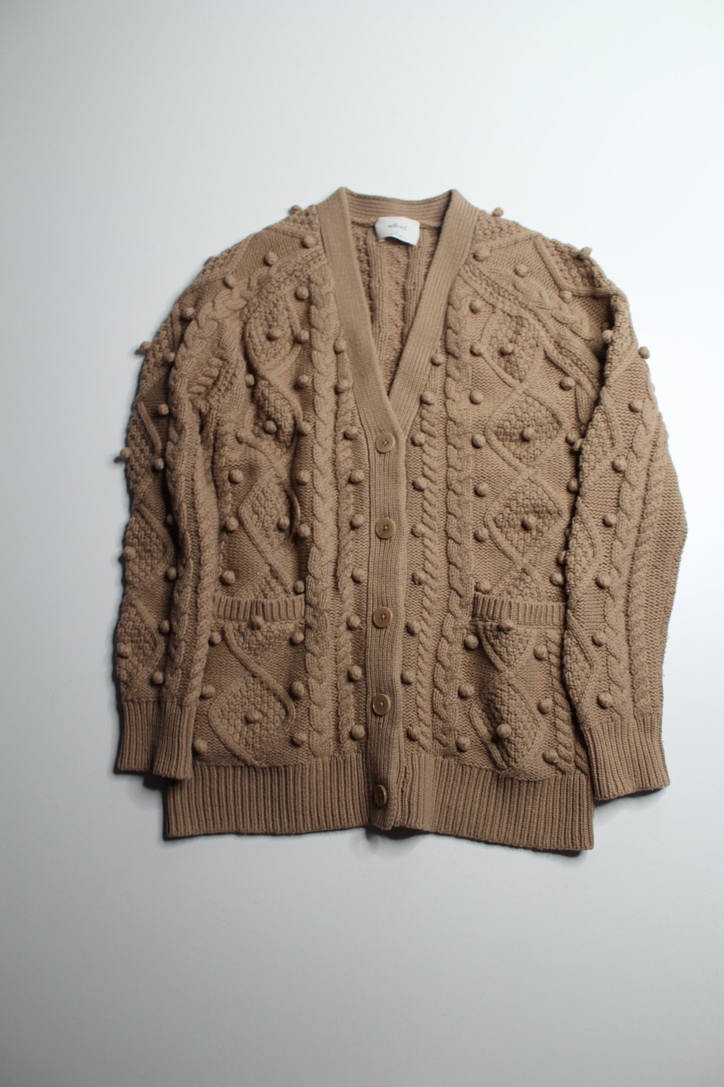 Aritzia Wilfred antique beige ‘alps’ cable knit pom cardigan, size xsmall (oversized fit)