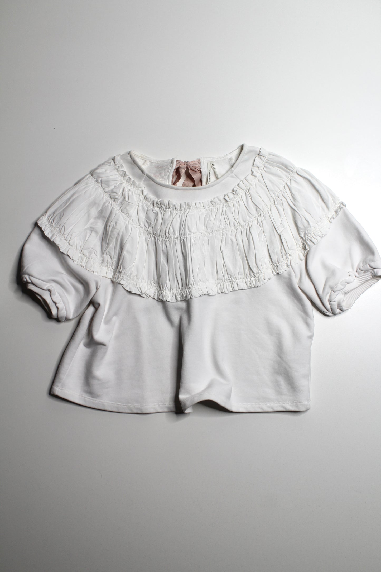 Anthropologie white tie back rusched short sleeve blouse, size xsmall (loose fit)