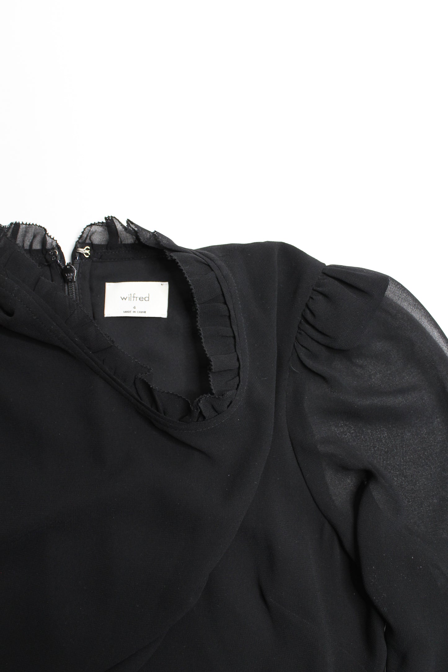 Aritzia Wilfred 'swept' black chiffon mini dress, size 4