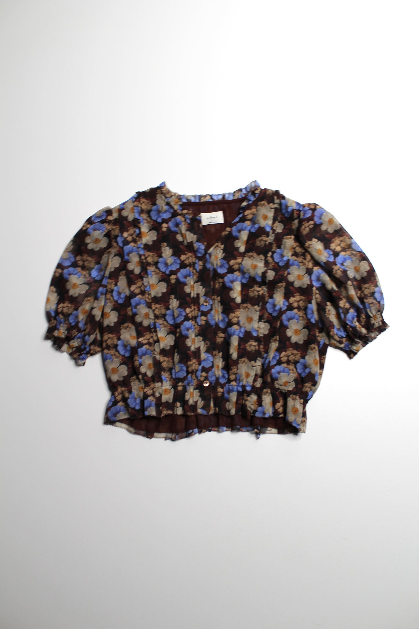 Aritzia Wilfred brown/blue print ‘mansfield’ blouse, size small