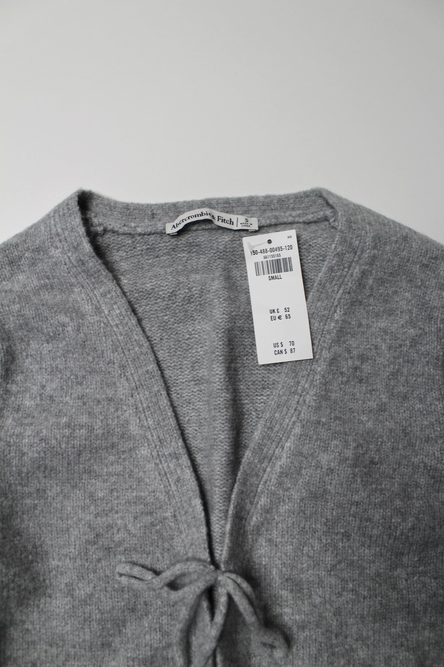 Abercrombie & Fitch grey tie front cardigan, size small *new with tags