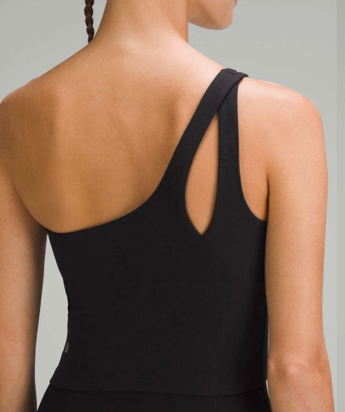 Lululemon black ‘ribbed nulu asymmetrical’ tank, size 8