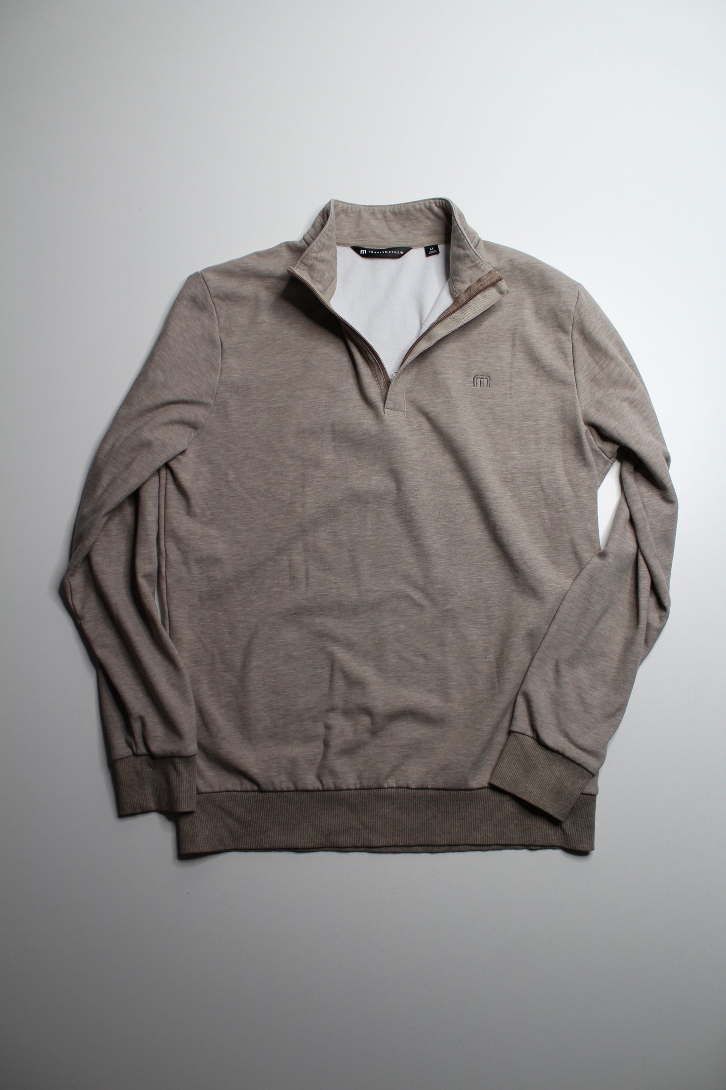 Travis Mathews MENS tan 1/4 zip long sleeve, size medium