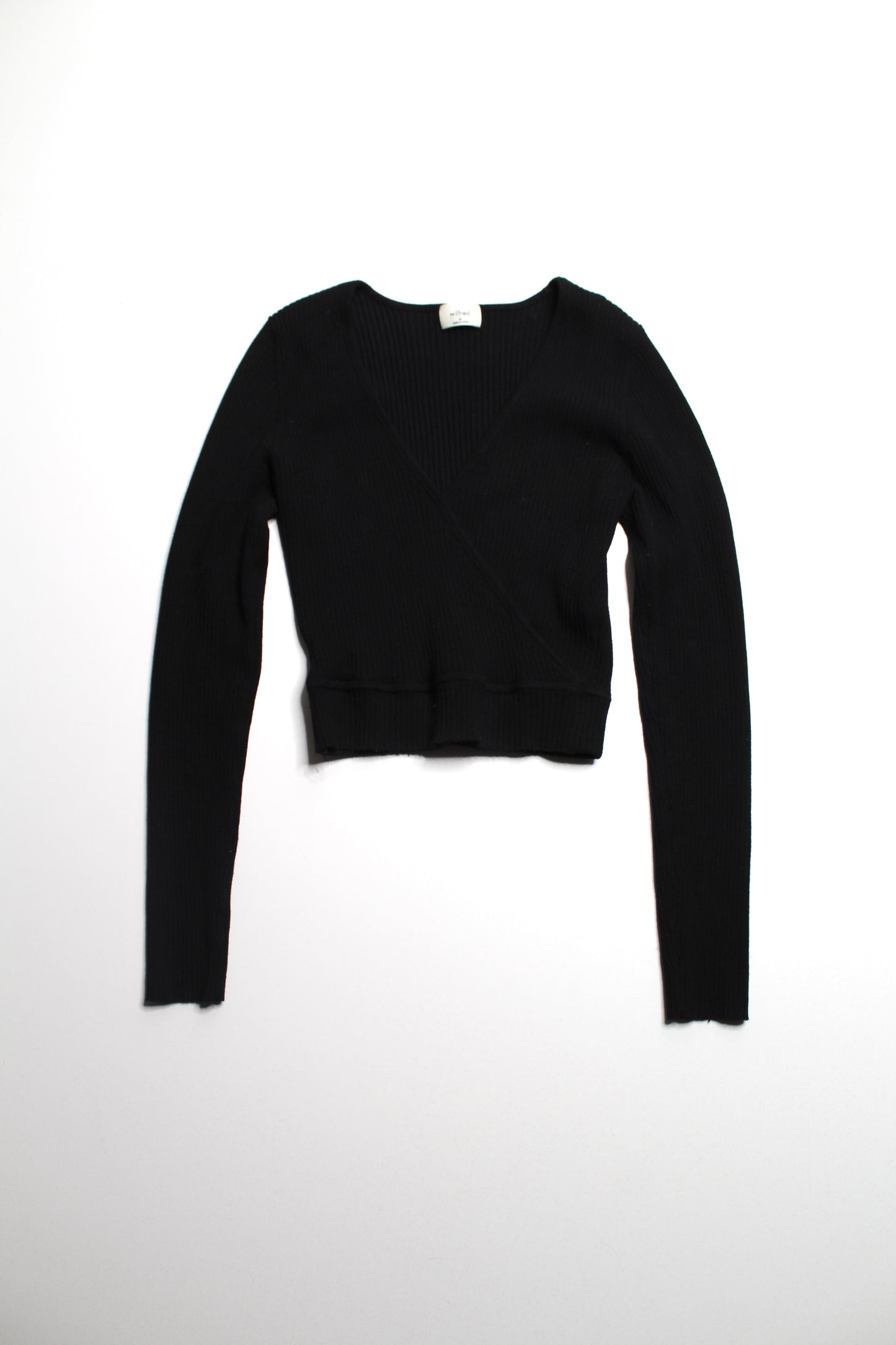 Aritzia Wilfred black faux wrap ribbed knit long sleeve, size medium