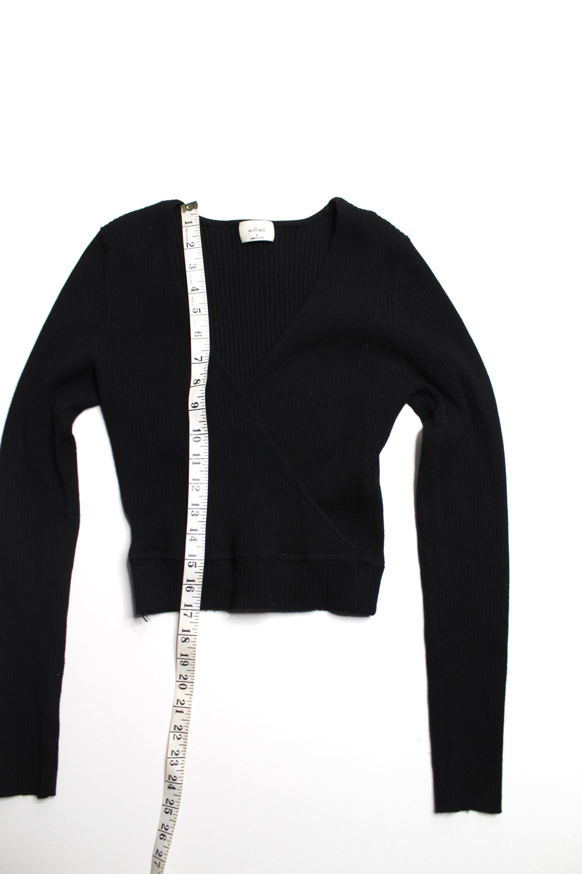 Aritzia Wilfred black faux wrap ribbed knit long sleeve, size medium