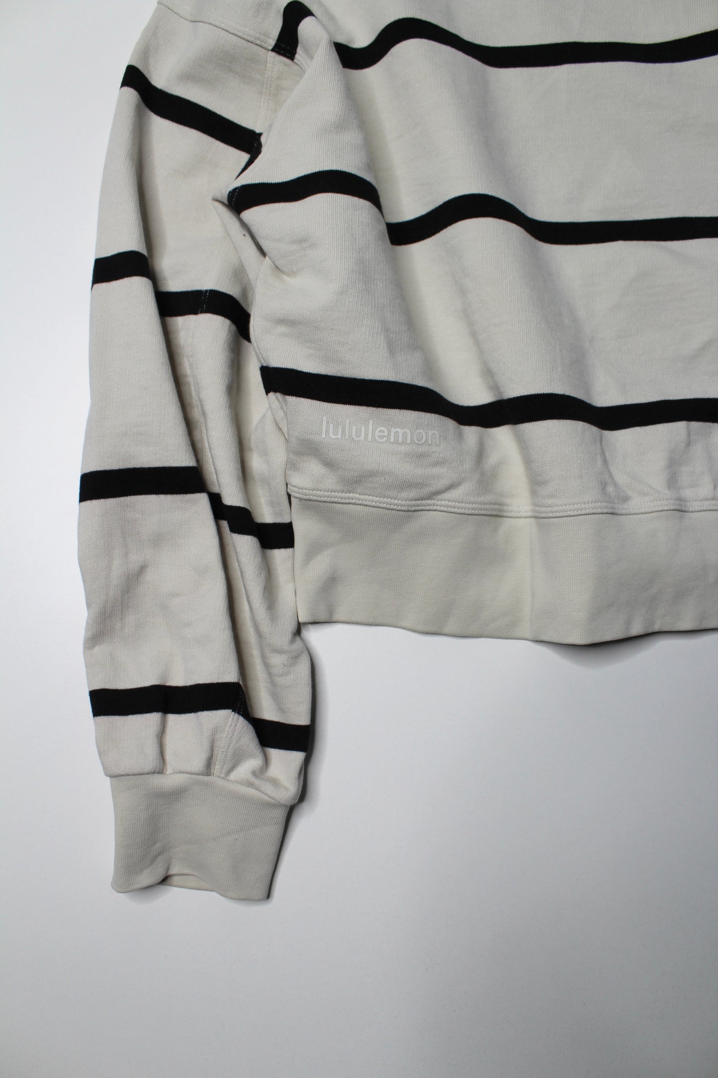 Lululemon bone striped ‘perfectly oversized  cropped crew’ sweater, no size. Fits like 8 (or size medium) (sale: was $58)
