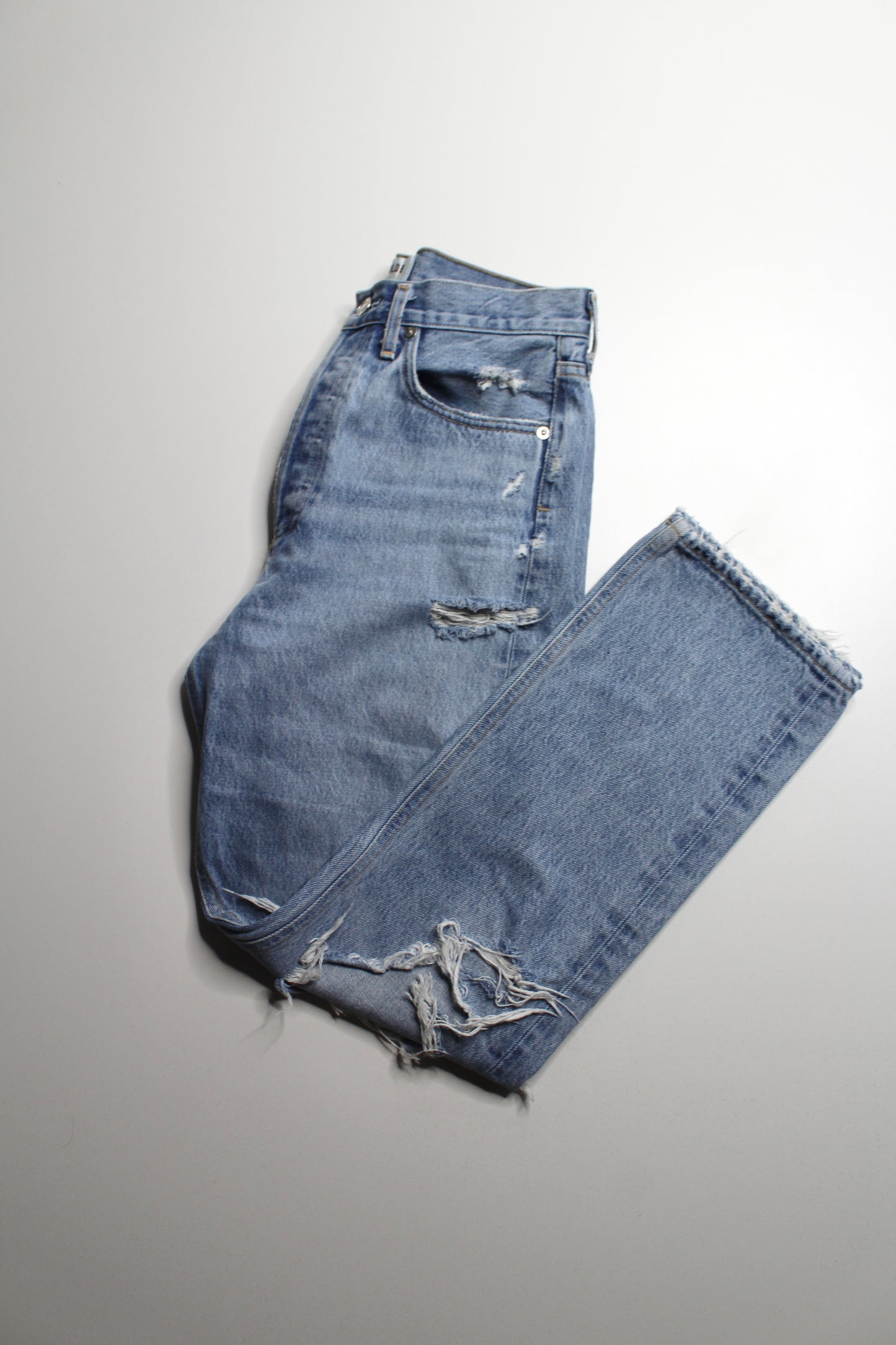 AGOLDE distressed ‘90s’ straight leg blowout knees jeans, size 26