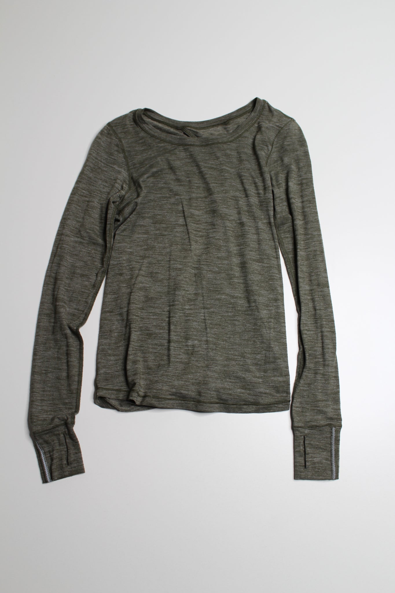 Lululemon heathered fatigue green beat the heat tie back long sleeve, no size. Fits like 4