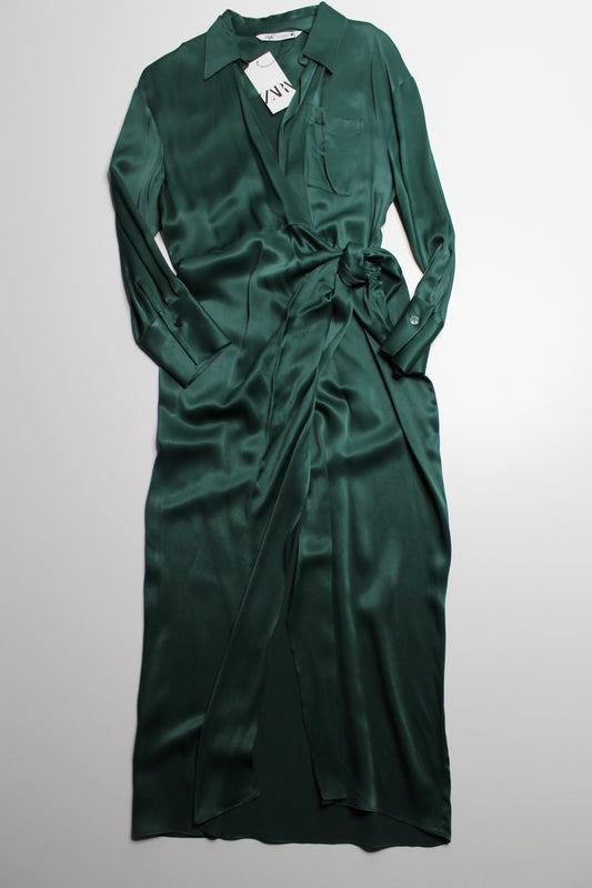 Zara green satin wrap dress, size medium *new with tags