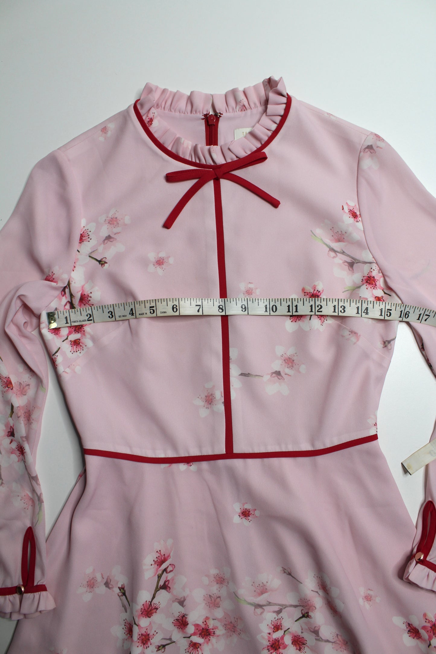 Ted Baker pink floral fit and flare long sleeve dress, size 1 (size xsmall)