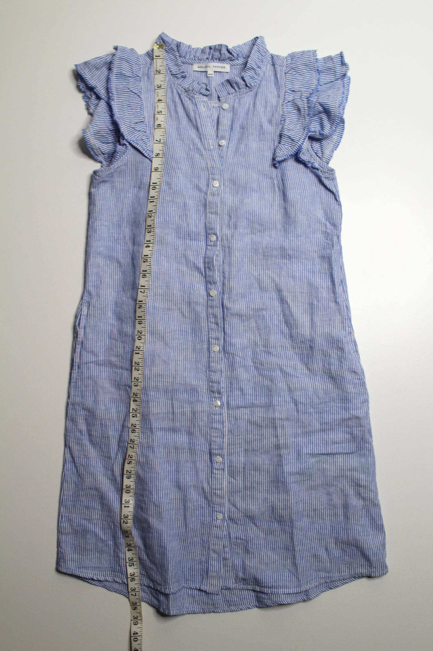 Melissa Nepton blue/white flutter sleeve striped dress, size xs