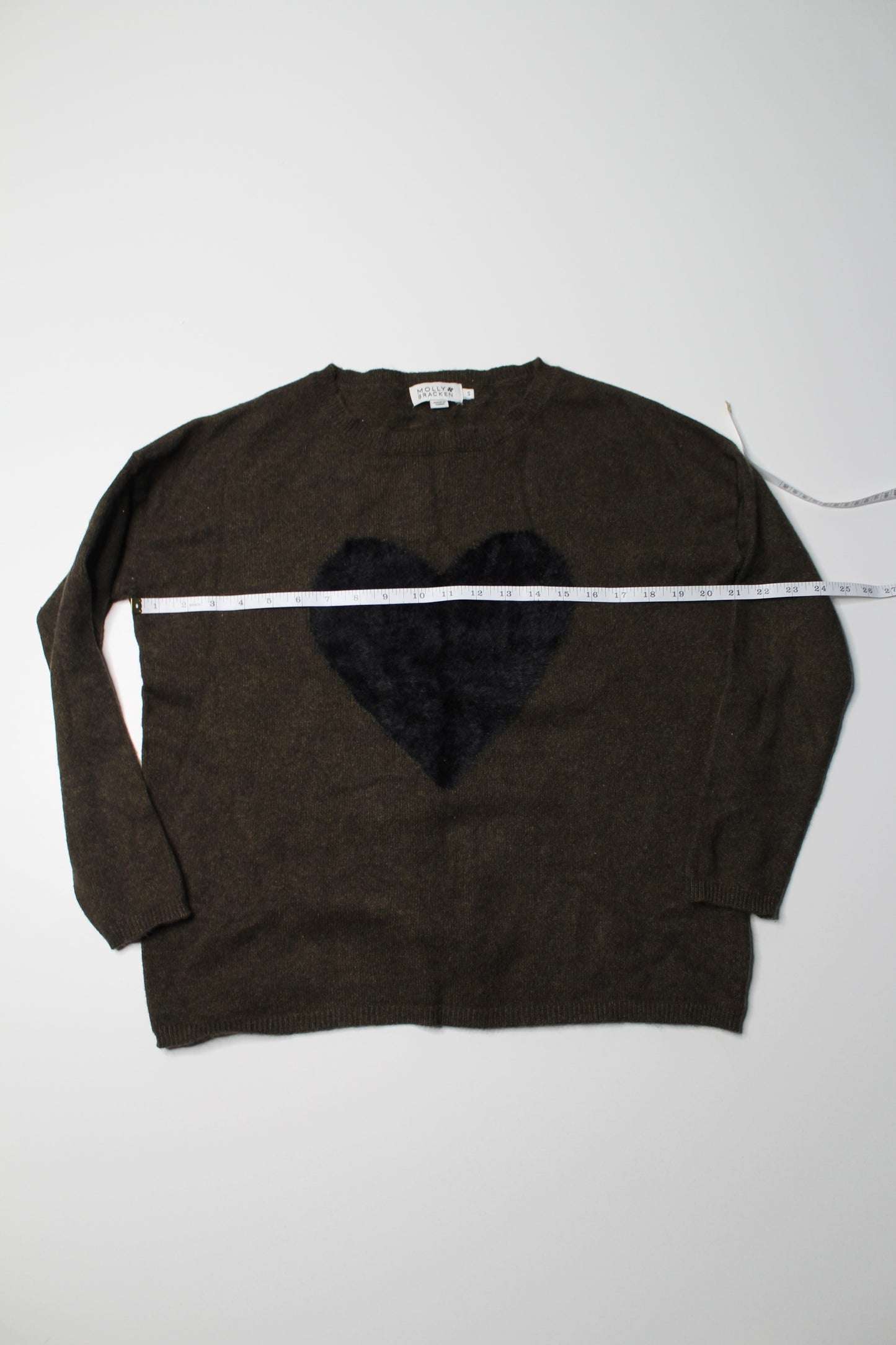 Molly Bracken dark olive green ‘heart’ sweater, size small
