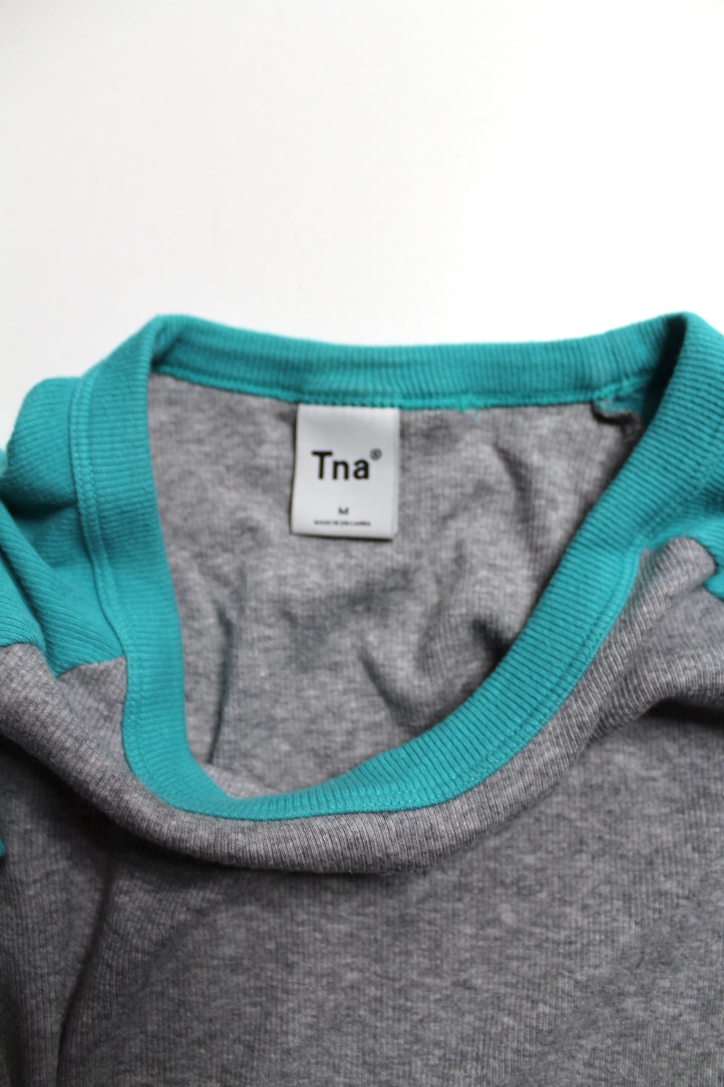 Aritzia TNA grey/teal cropped ‘homestretch’ crew t-shirt, size medium