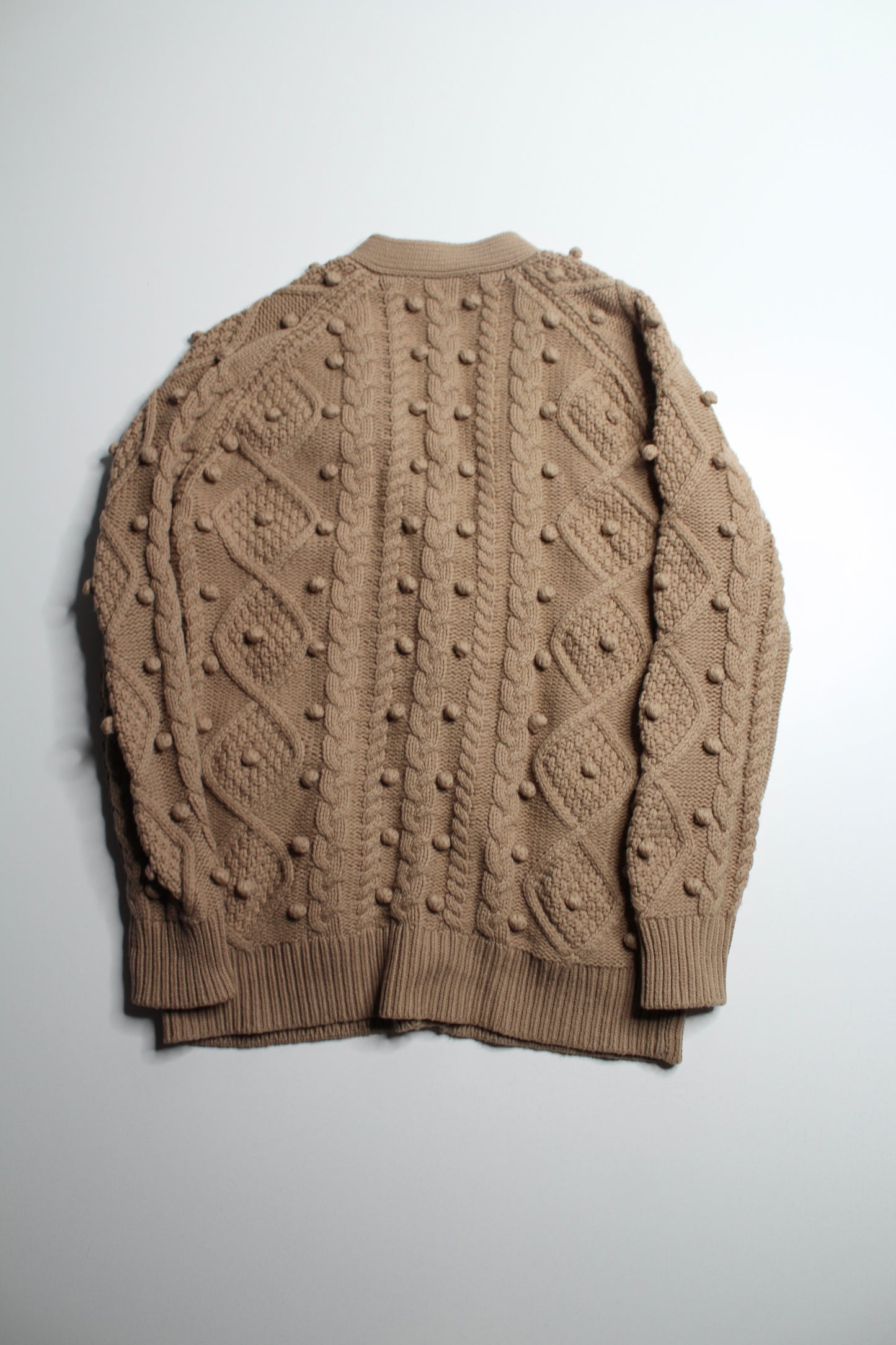 Aritzia Wilfred antique beige ‘alps’ cable knit pom cardigan, size xsmall (oversized fit)