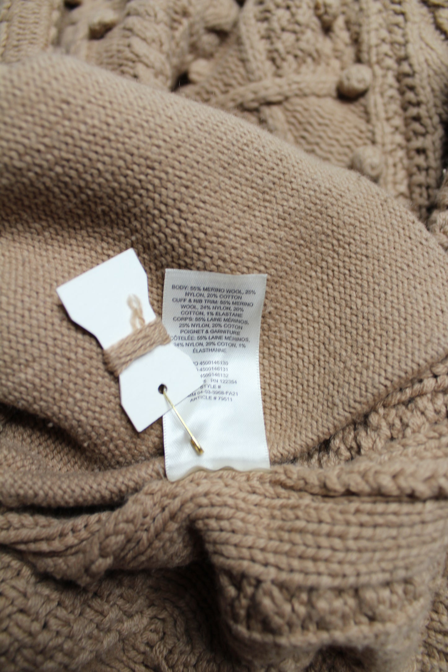 Aritzia Wilfred antique beige ‘alps’ cable knit pom cardigan, size xsmall (oversized fit)