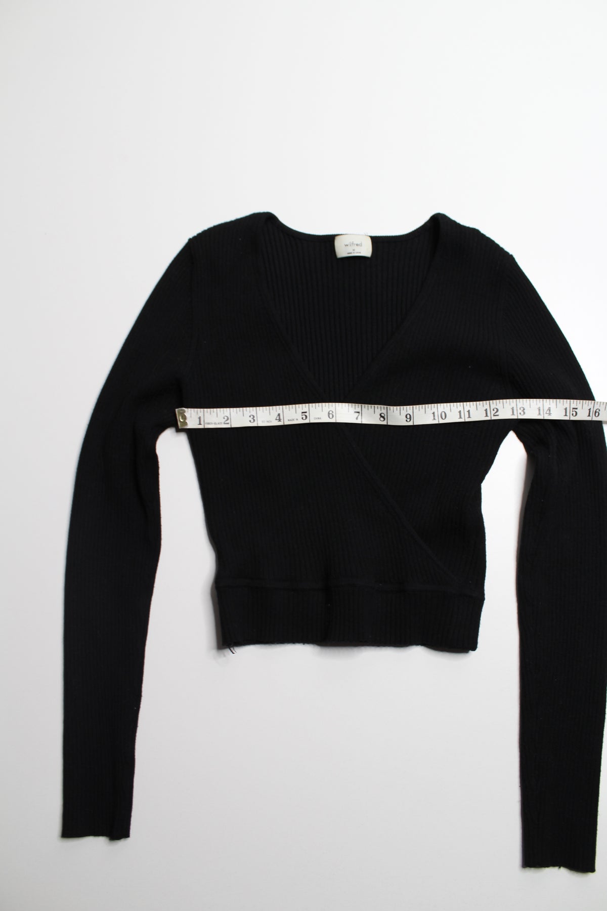Aritzia Wilfred black faux wrap ribbed knit long sleeve, size medium