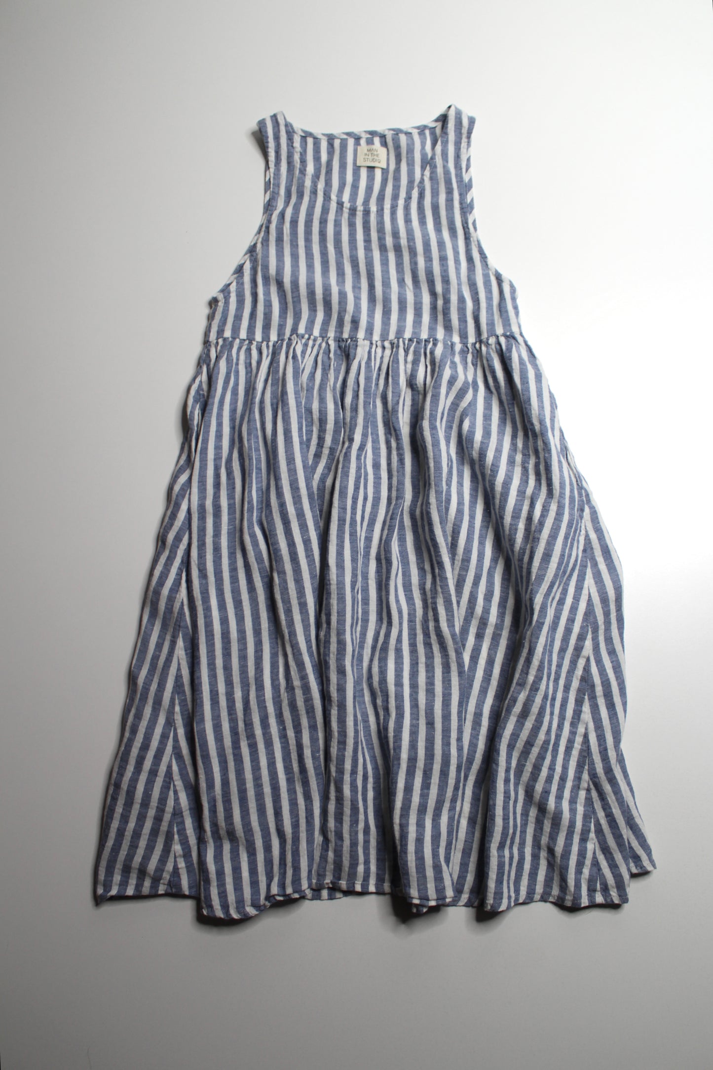 Man In The Studio blue/white sleeveless striped linen smock dress, no size. Fits xs/ small