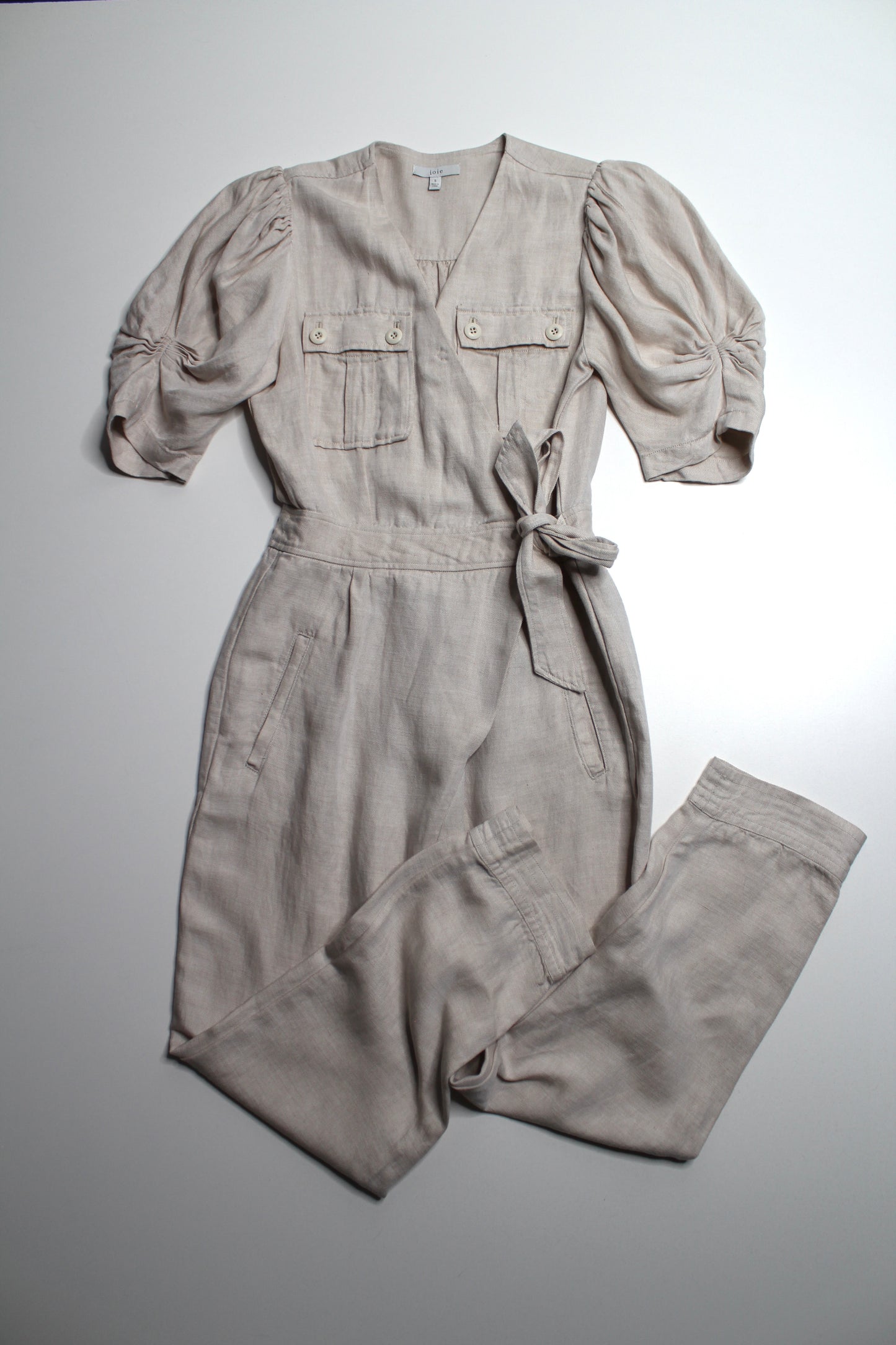 JOIE beige ‘Leroy’ linen ruffle sleeve jumpsuit, size small