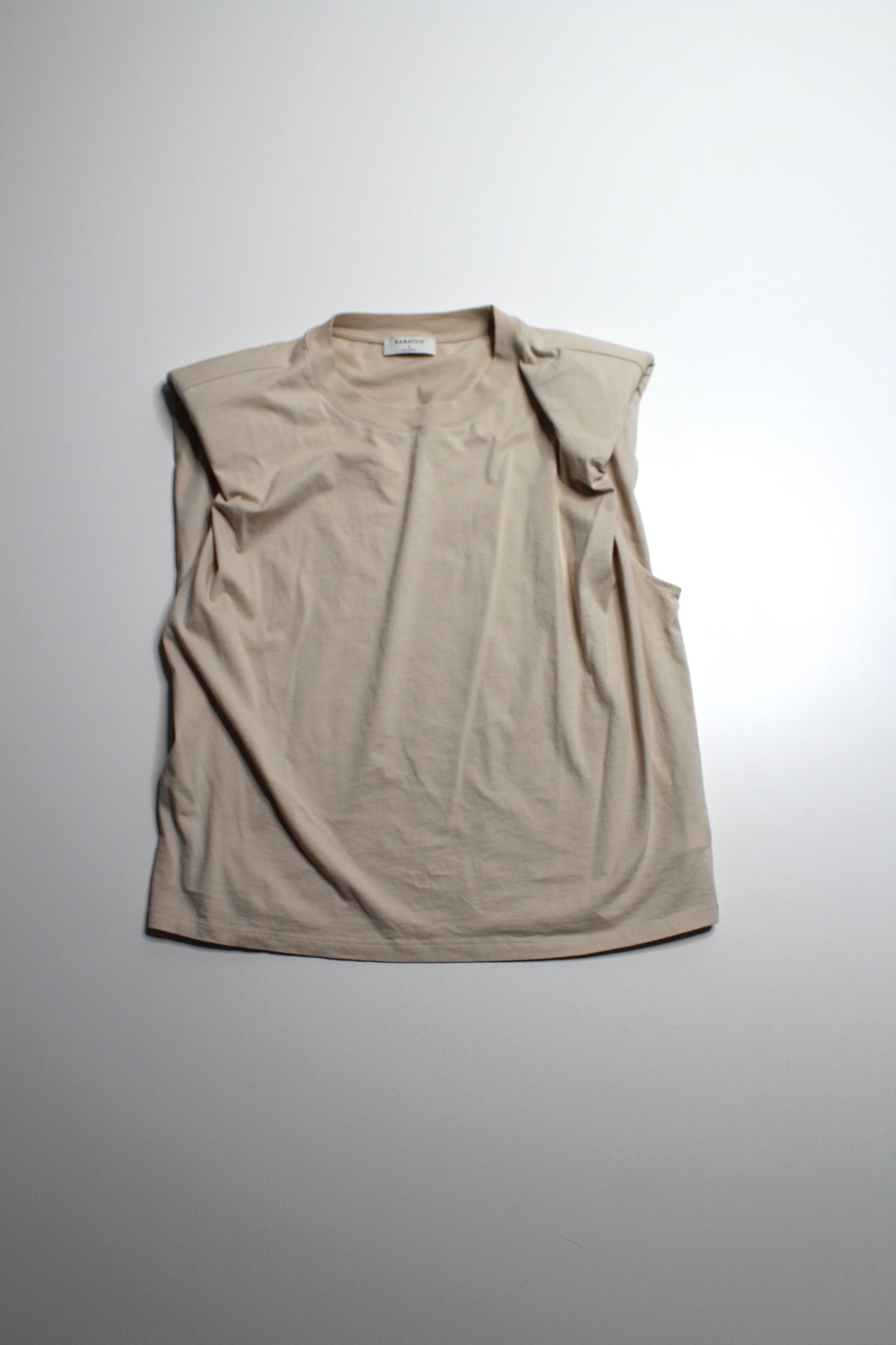 Aritzia tan shoulder pad sleeveless t shirt, size small