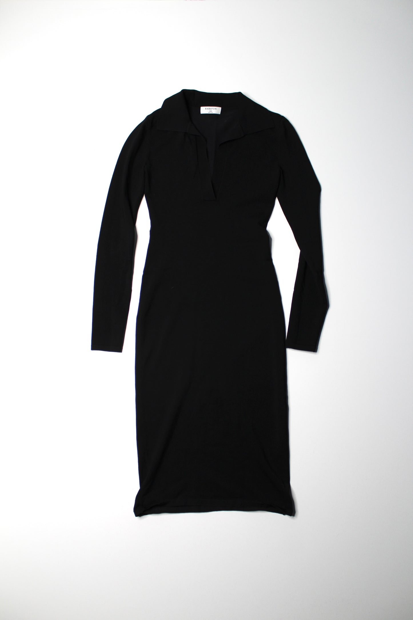 Aritzia Babaton black bodycon plunge neck collared long sleeve midi dress, size xxs (fits xxs/xs) (was $58)