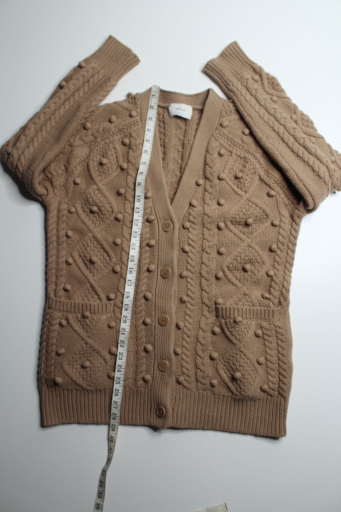 Aritzia Wilfred antique beige ‘alps’ cable knit pom cardigan, size xsmall (oversized fit)