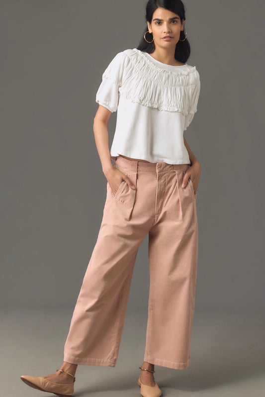 Anthropologie white tie back rusched short sleeve blouse, size xsmall (loose fit)