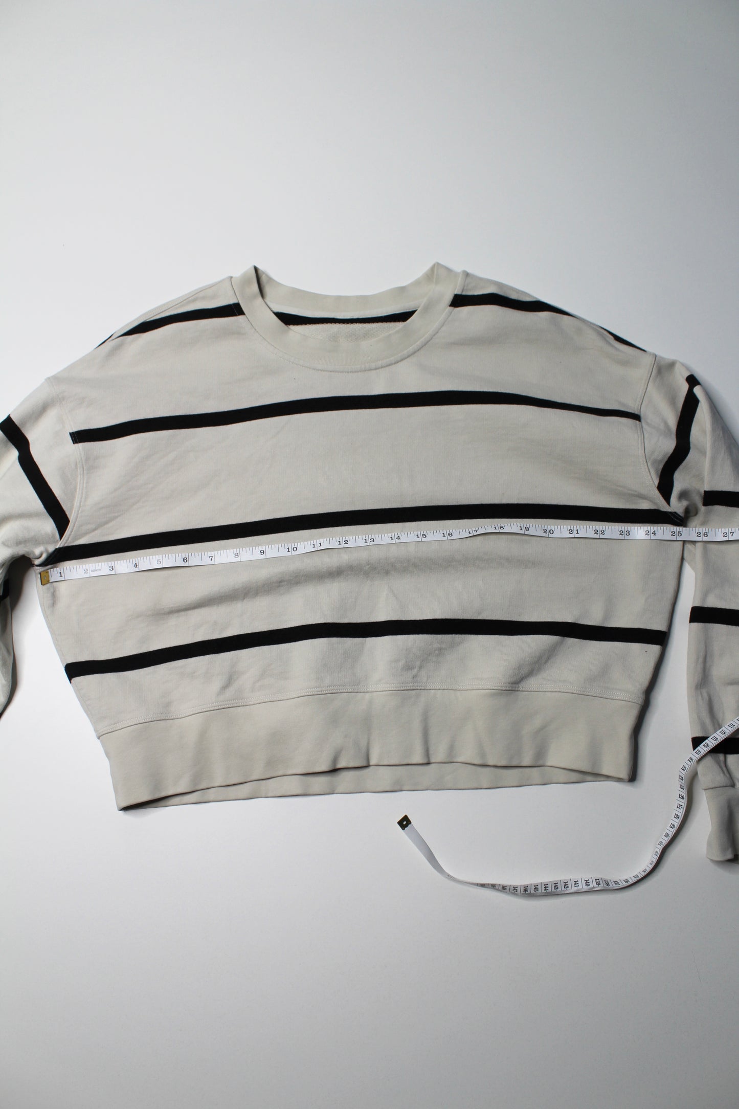 Lululemon bone striped ‘perfectly oversized  cropped crew’ sweater, no size. Fits like 8 (or size medium) (sale: was $58)