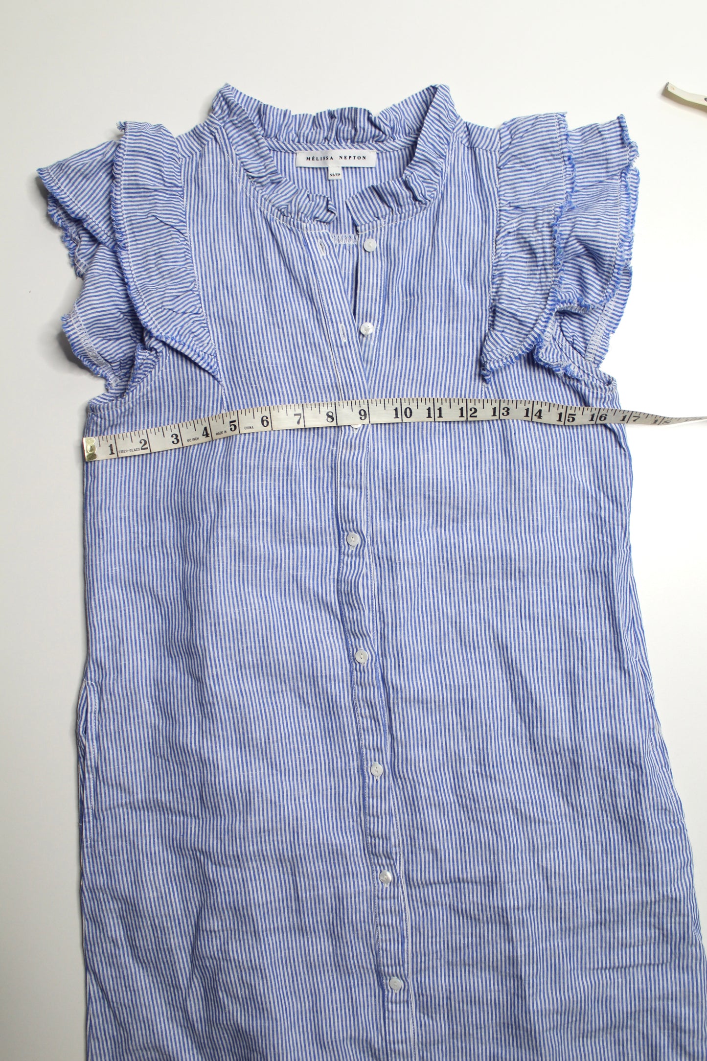 Melissa Nepton blue/white flutter sleeve striped dress, size xs