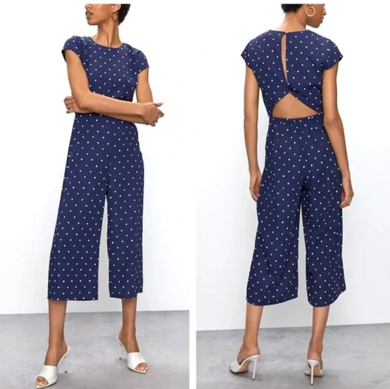 Aritzia Wilfred navy polka dot ‘Hamptons’ jumpsuit, size 8