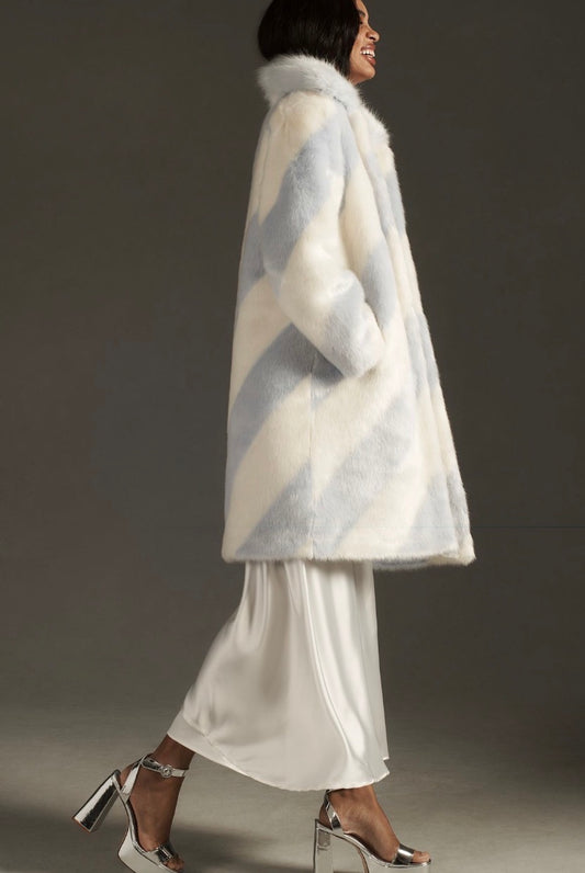 Anthropologie Maeve cream/blue ice stripe faux fur coat, size xsmall (relaxed fit) (sale: was $120)