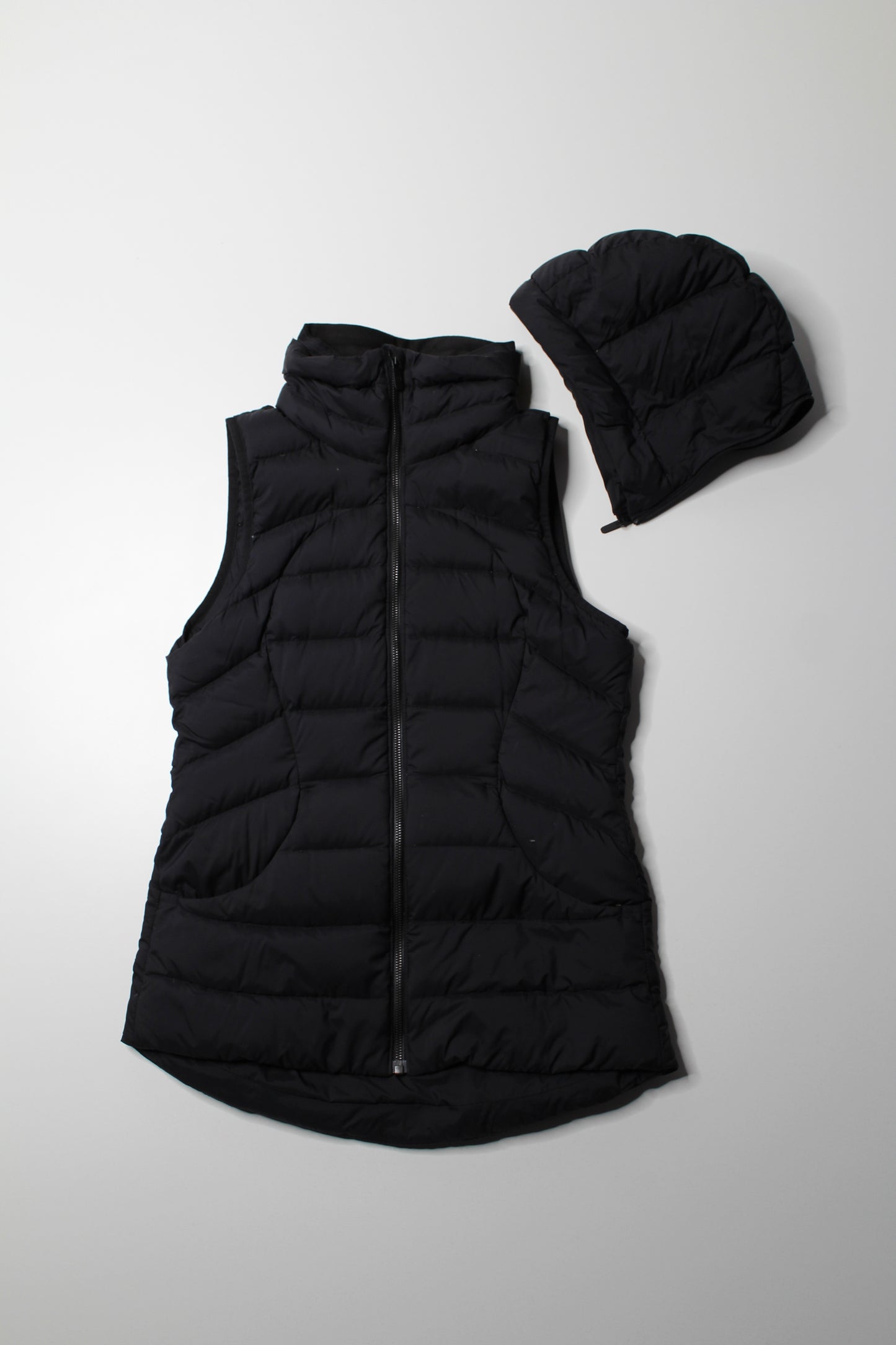 Lululemon black puffer vest with hood, size 6